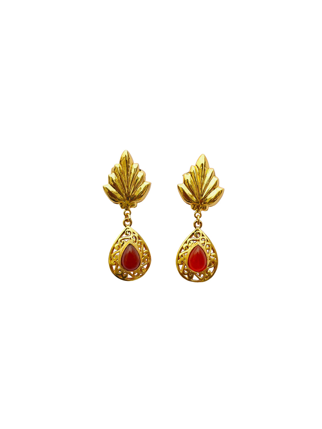 Tālapatramani | Carnelian Gold Palmyra Fan & Filigree Teardrop Drop Earrings in 22k Gold Plated