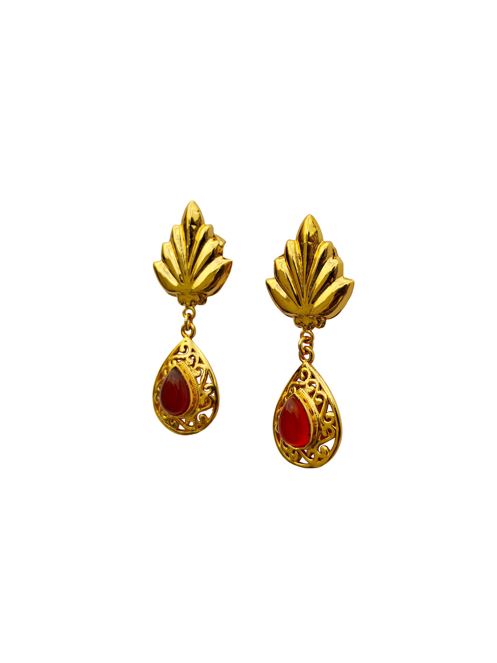 Tālapatramani | Carnelian Gold Palmyra Fan & Filigree Teardrop Drop Earrings in 22k Gold Plated