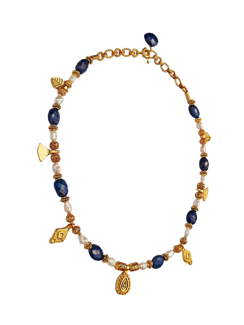 Vaidurya Muktaphala Haar | Lapis Lazuli & Freshwater Pearl Charm Necklace in 22k Gold Plated