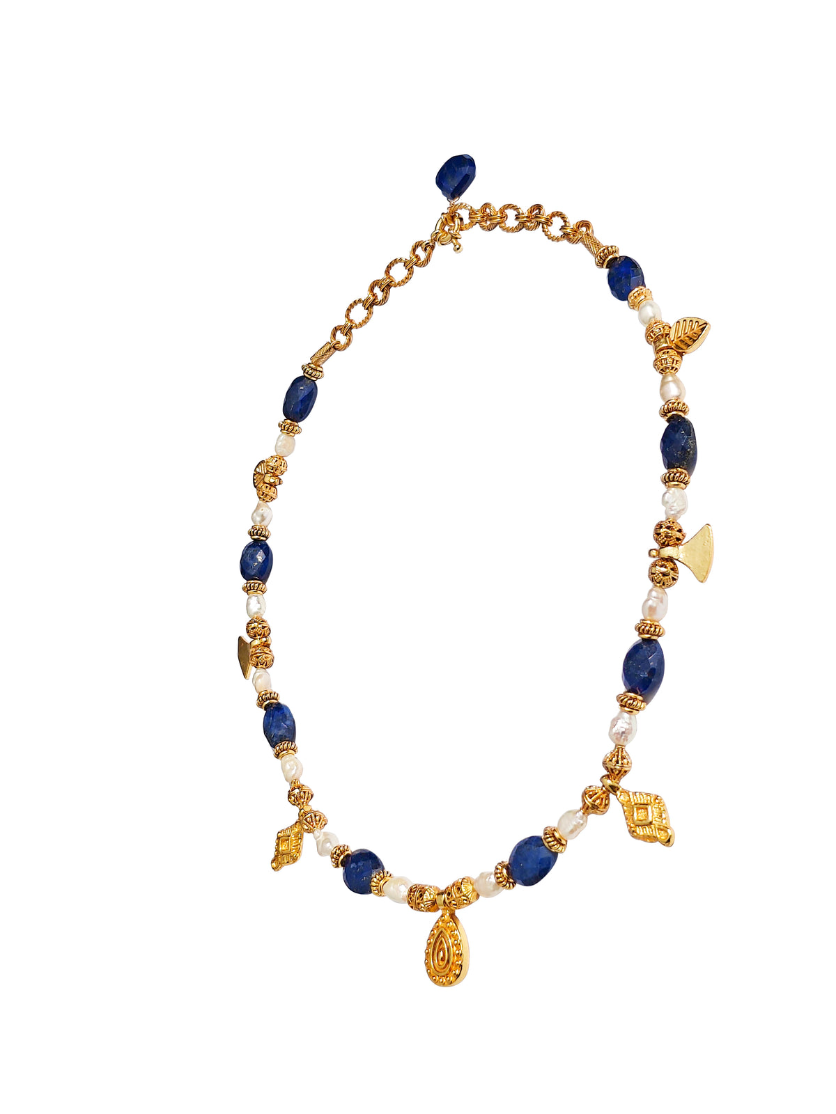 Vaidurya Muktaphala Haar | Lapis Lazuli & Freshwater Pearl Charm Necklace in 22k Gold Plated