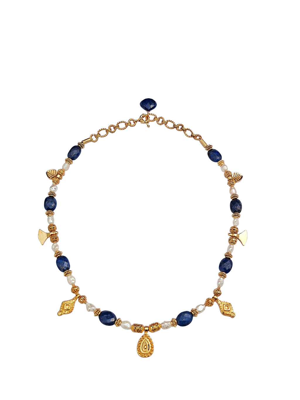 Vaidurya Muktaphala Haar | Lapis Lazuli & Freshwater Pearl Charm Necklace in 22k Gold Plated