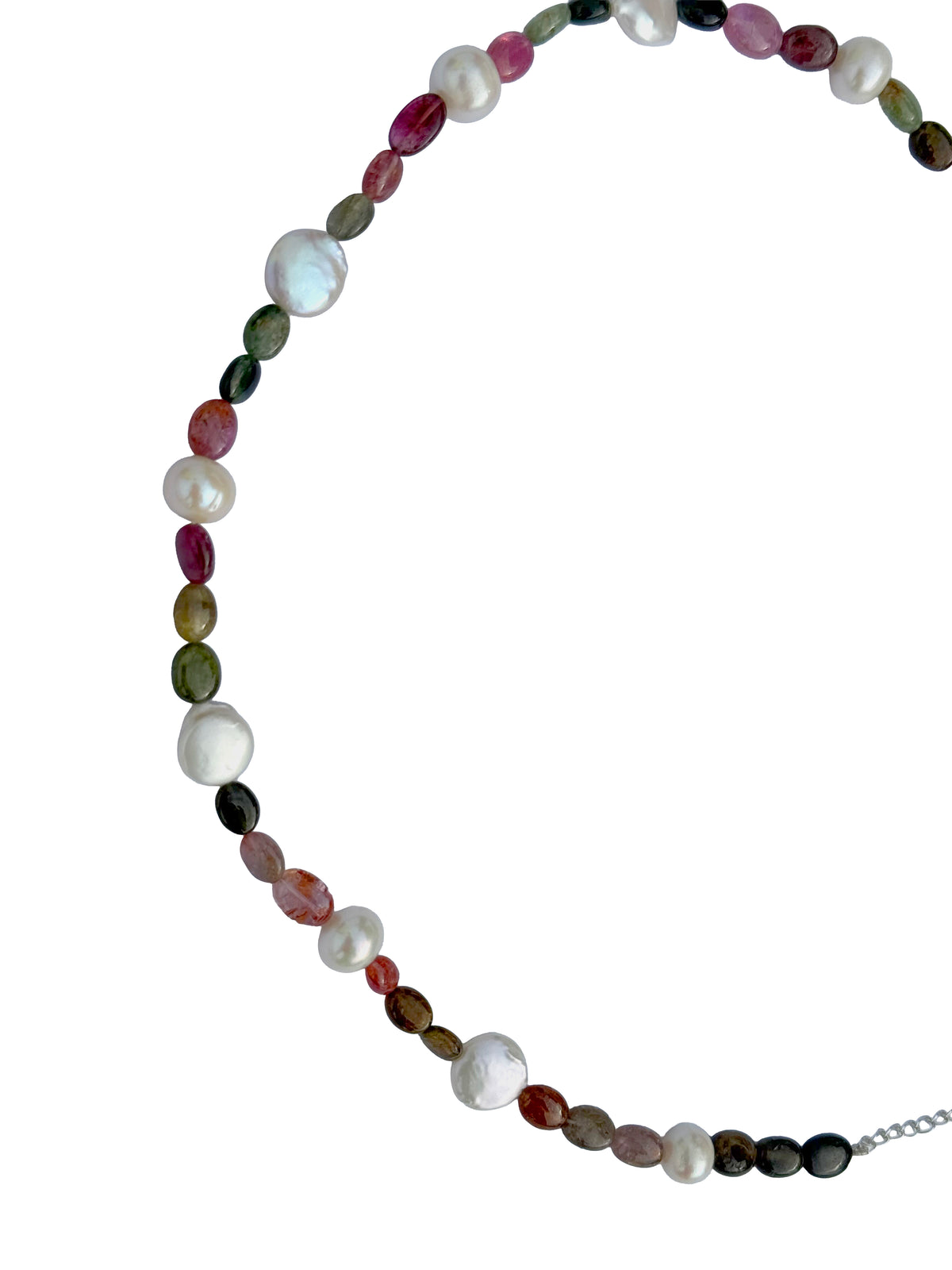 Mauktika-Ratnavali | Hand-Strung Pearl & Tourmaline Mala Necklace in 925 Silver Plated