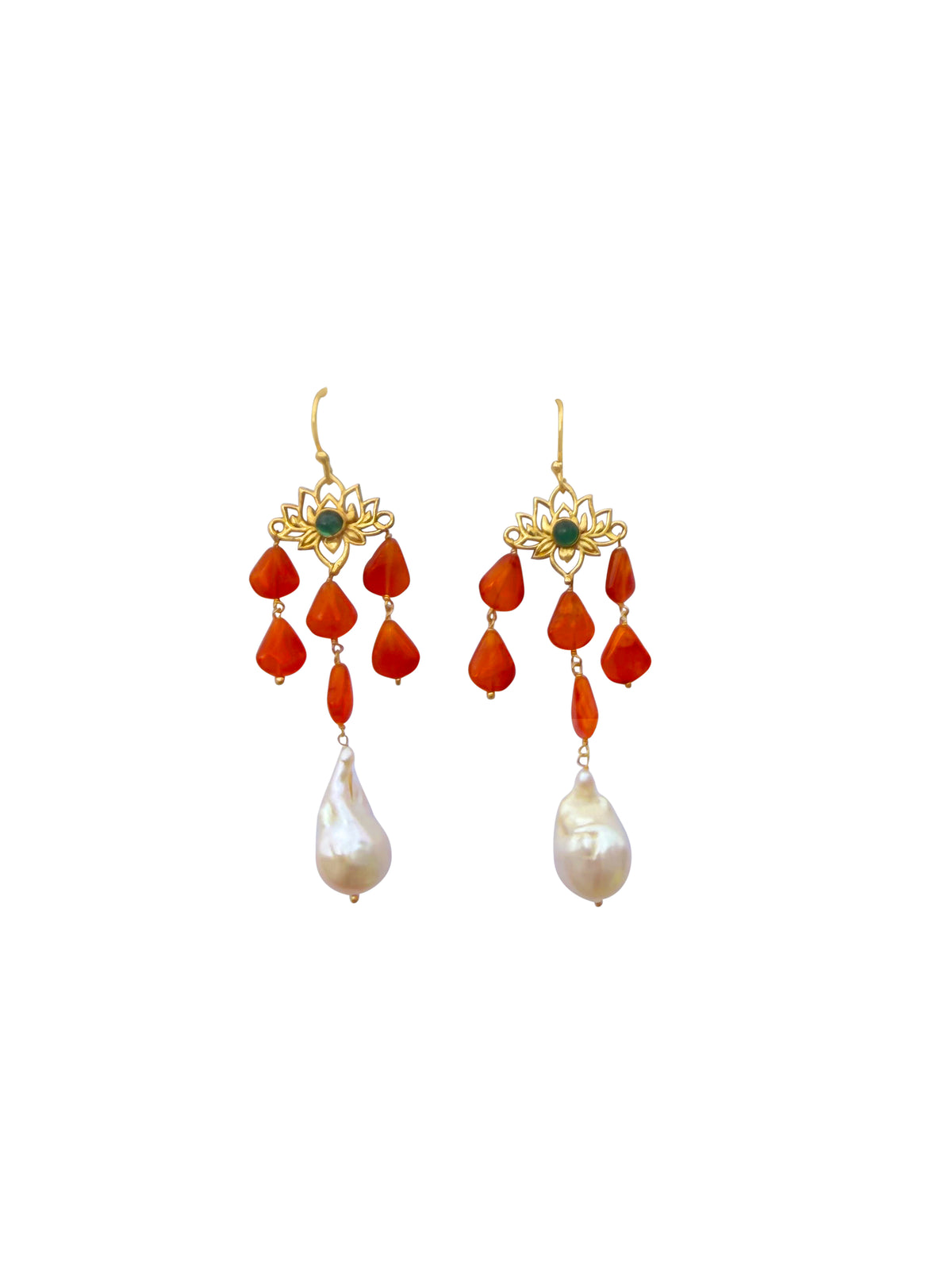 Padmavarṣā | Green Onyx, Carnelian & Baroque Pearl Gold Lotus Chandelier Drop Earrings in 22k Gold Plated
