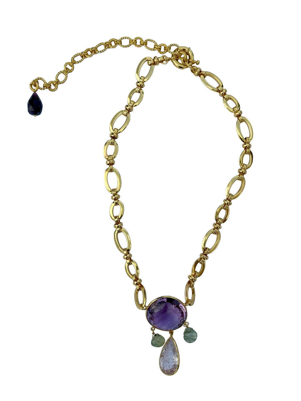 Shāmalatā Haar | Pink Amethyst, Super 7 & Rutile Quartz Oval Link Chain Pendant Necklace in 22k Gold Plated