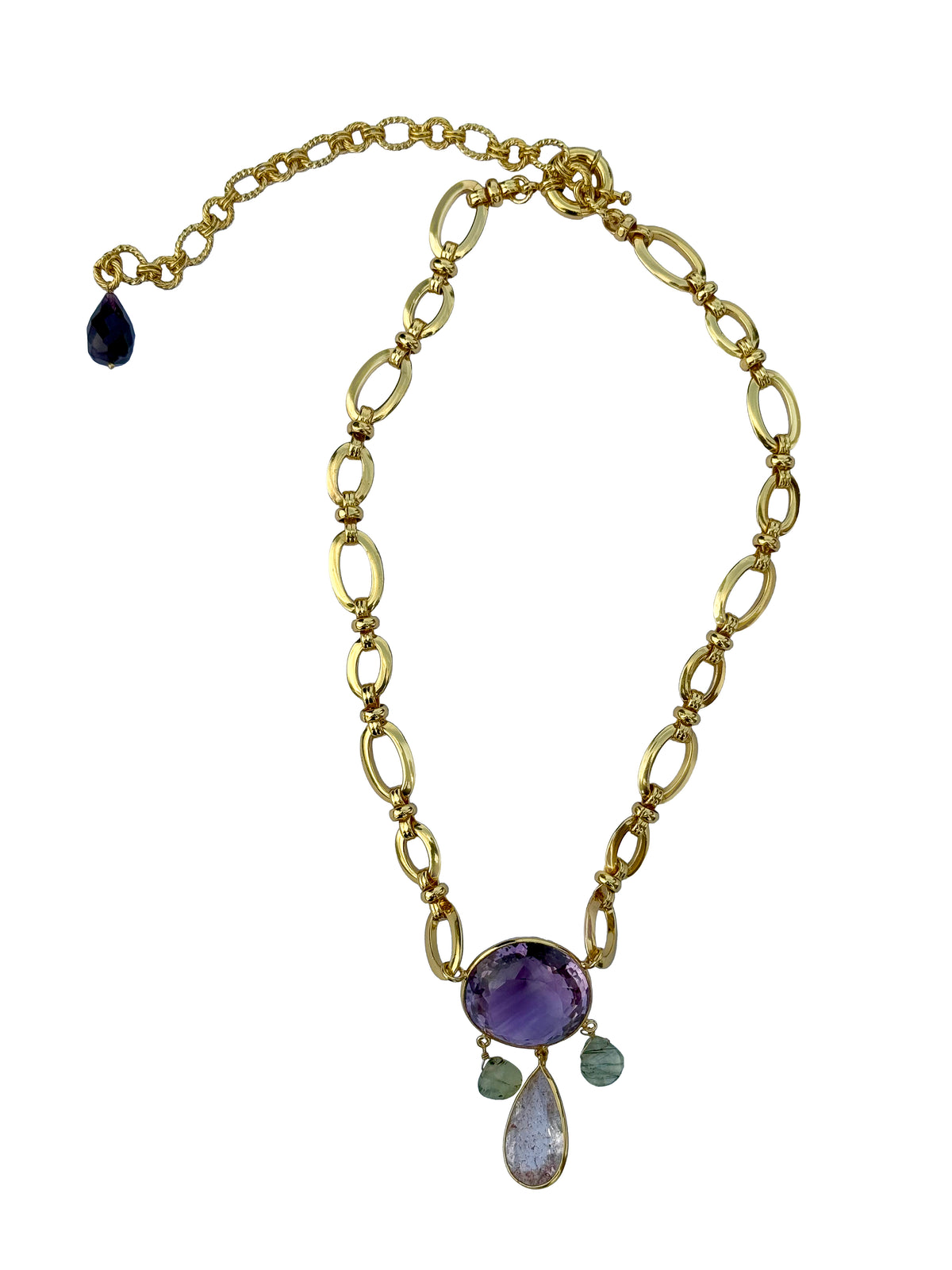 Shāmalatā Haar | Pink Amethyst, Super 7 & Rutile Quartz Oval Link Chain Pendant Necklace in 22k Gold Plated