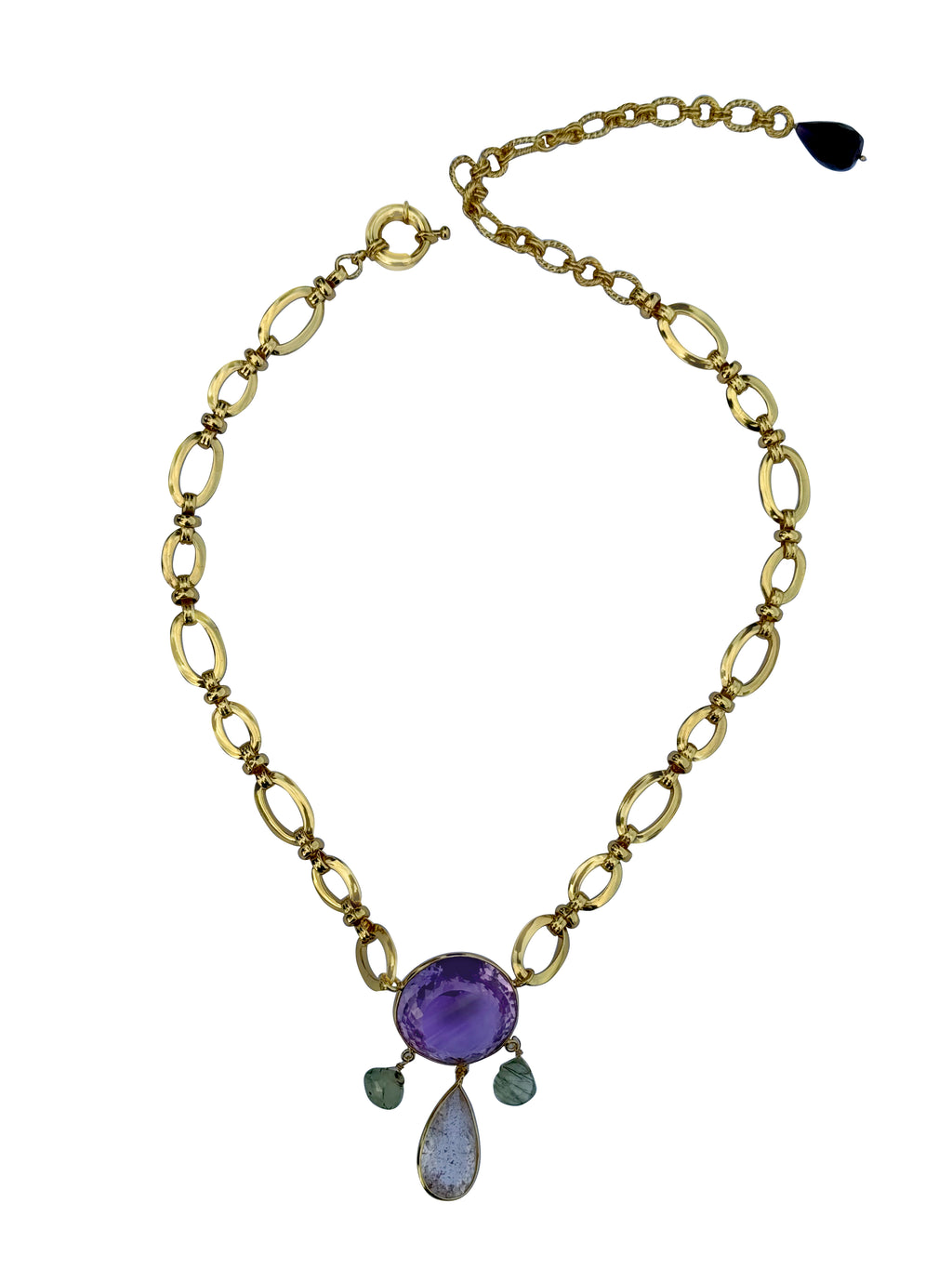 Shāmalatā Haar | Pink Amethyst, Super 7 & Rutile Quartz Oval Link Chain Pendant Necklace in 22k Gold Plated