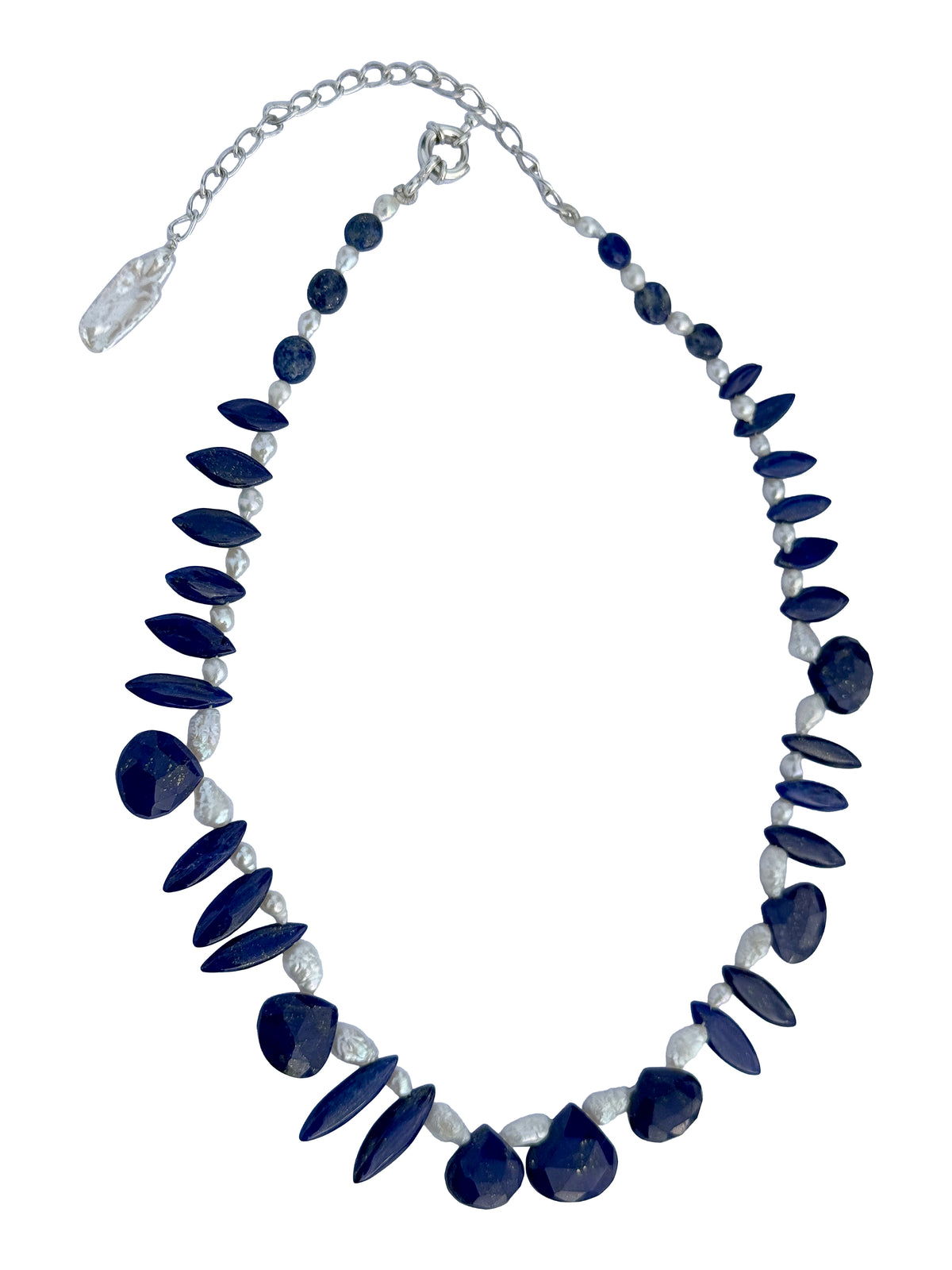 Neelavali Haar | Graduated Lapis Lazuli & Freshwater Pearl Bib Necklace in 925 Silver Plated