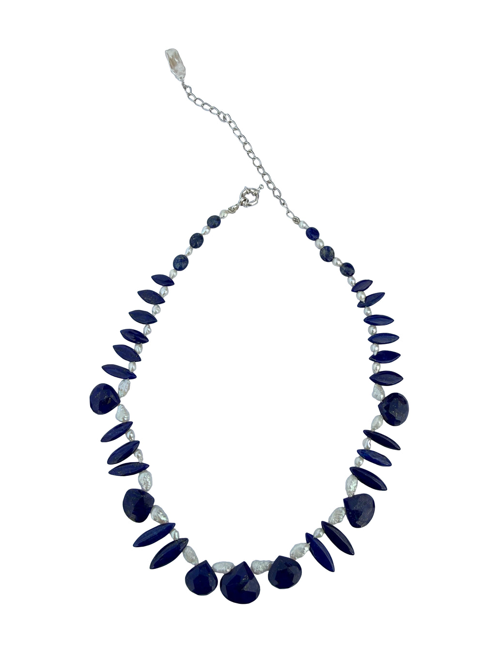 Neelavali Haar | Graduated Lapis Lazuli & Freshwater Pearl Bib Necklace in 925 Silver Plated