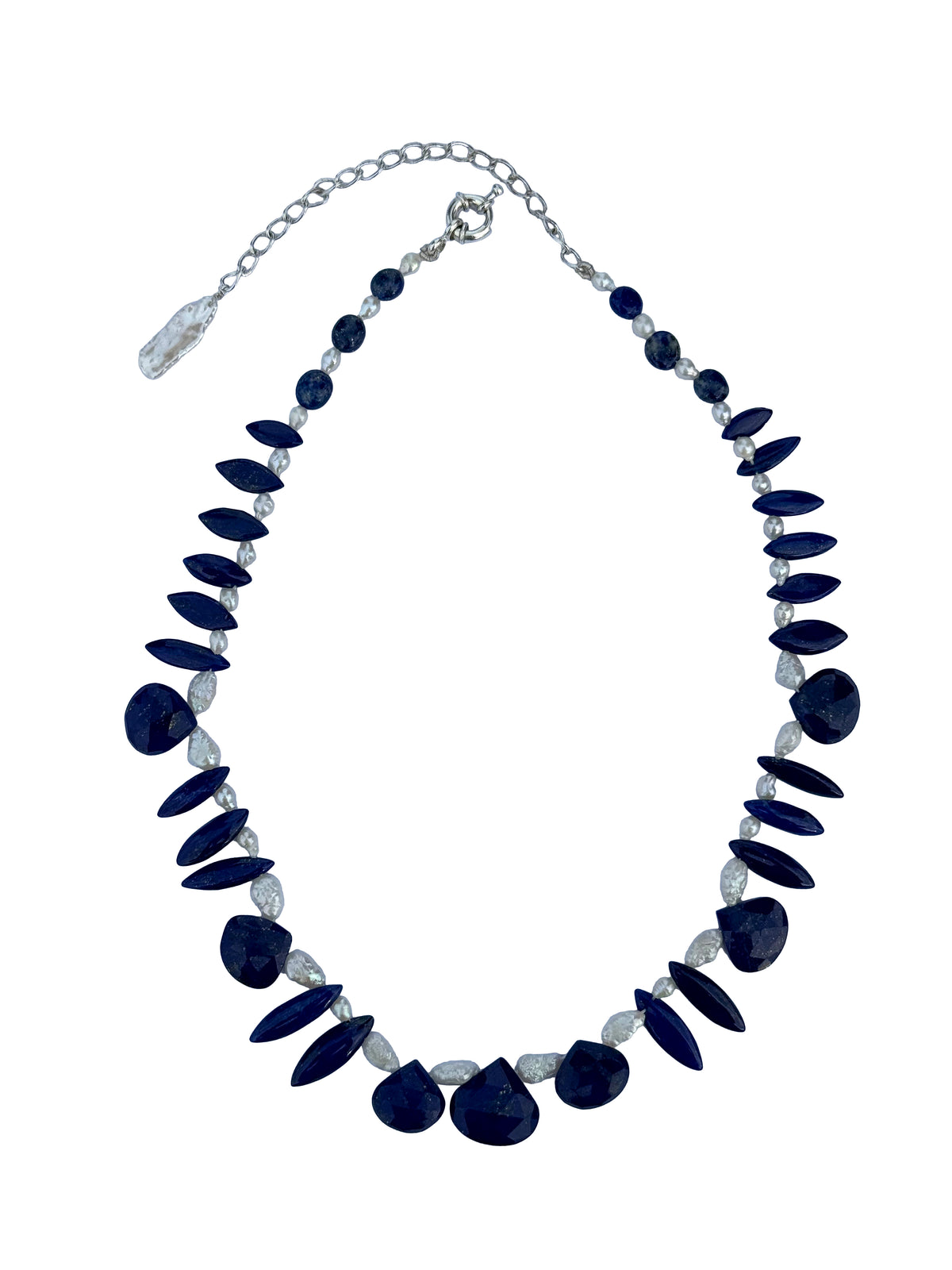 Neelavali Haar | Graduated Lapis Lazuli & Freshwater Pearl Bib Necklace in 925 Silver Plated