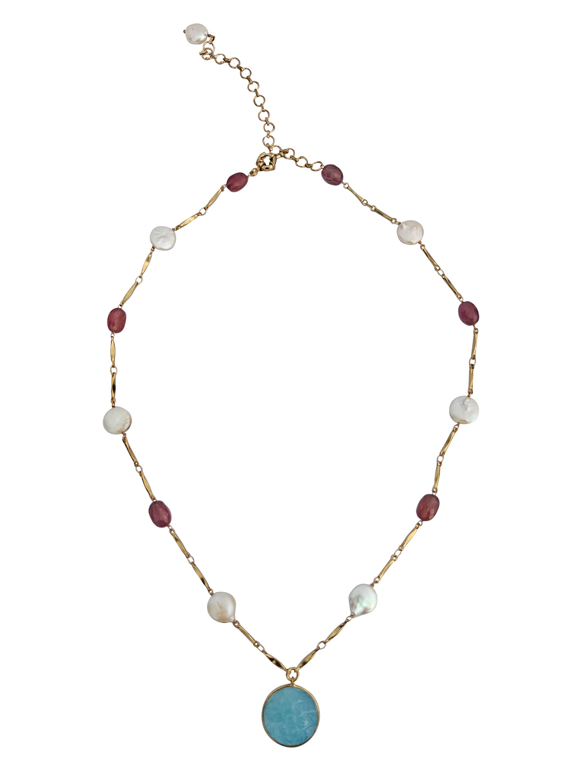 Nabhomani Haar | Pink Sapphire & Freshwater Pearl Bar Chain Necklace with Carved Aquamarine Pendant