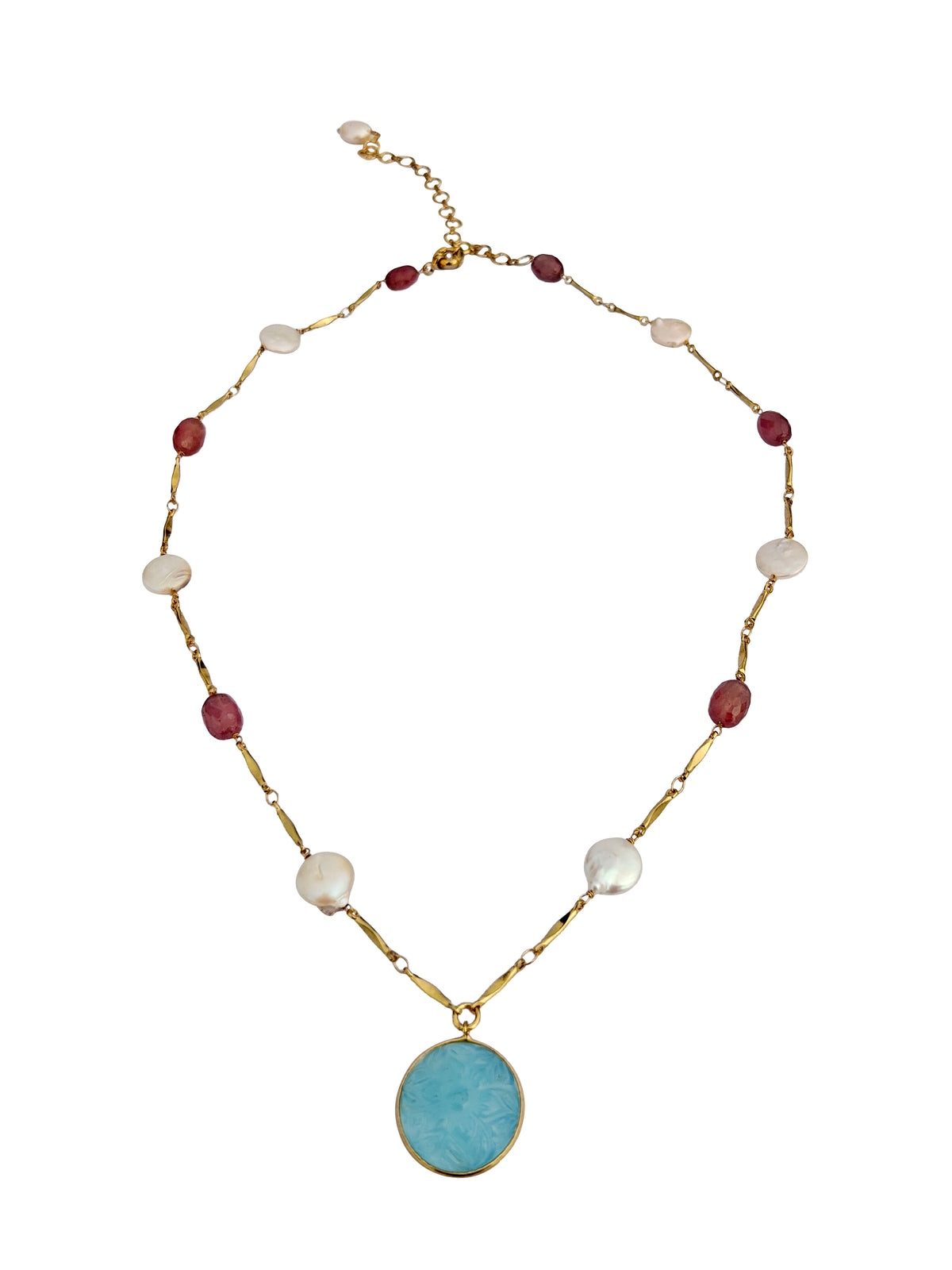 Nabhomani Haar | Pink Sapphire & Freshwater Pearl Bar Chain Necklace with Carved Aquamarine Pendant