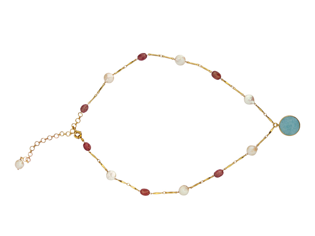 Nabhomani Haar | Pink Sapphire & Freshwater Pearl Bar Chain Necklace with Carved Aquamarine Pendant
