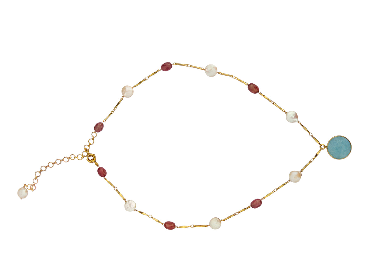 Nabhomani Haar | Pink Sapphire & Freshwater Pearl Bar Chain Necklace with Carved Aquamarine Pendant
