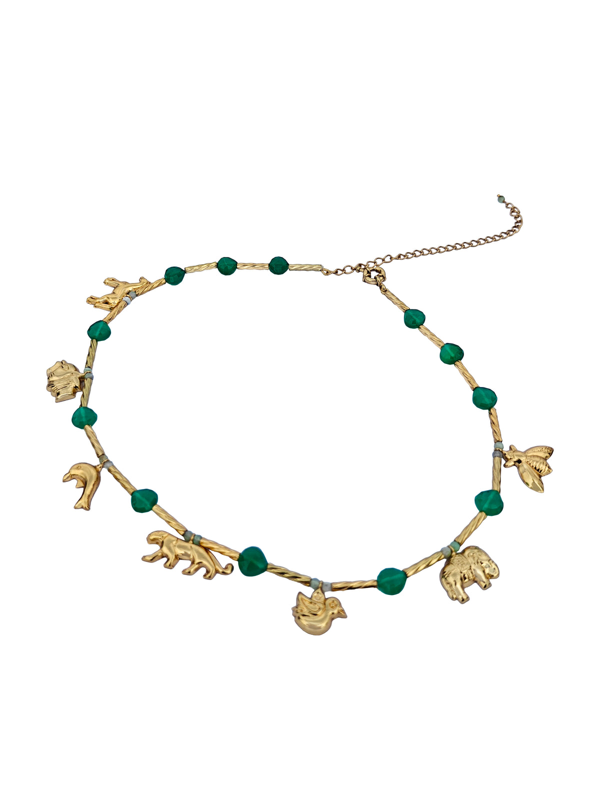 Vanaratna Haar | Green Onyx & Gold Wildlife Charm Bar Chain Necklace