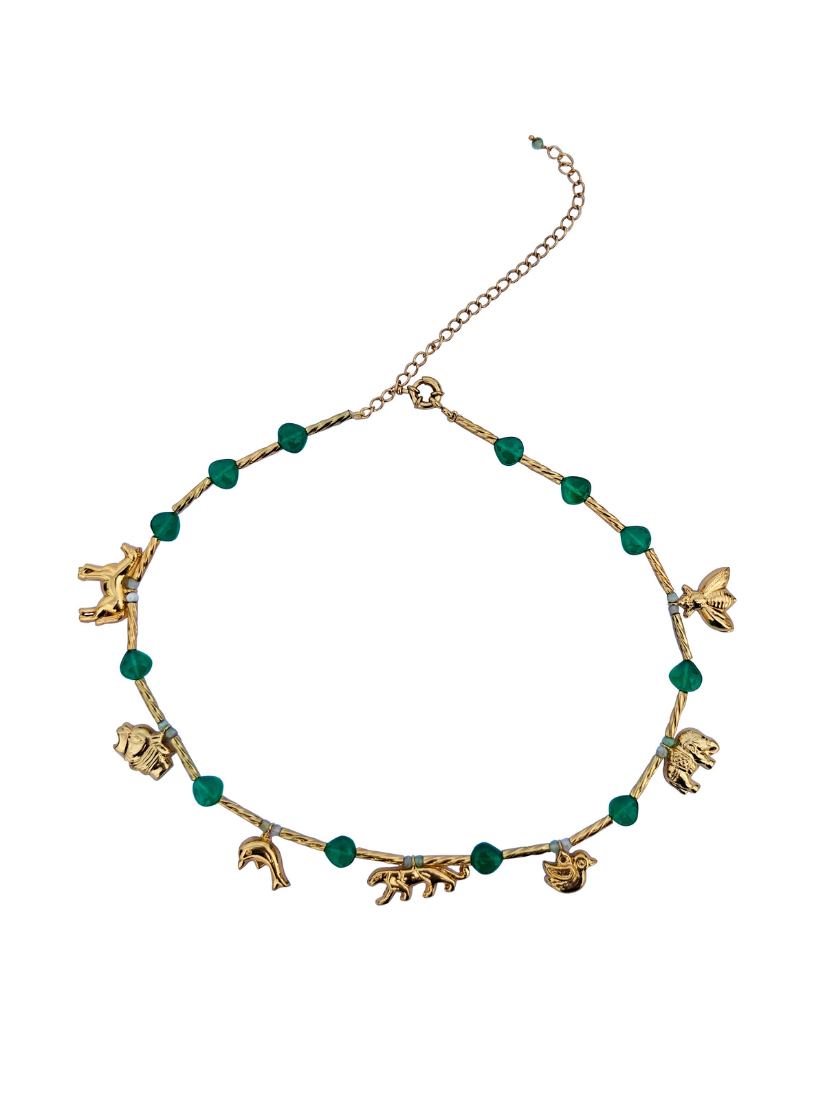 Vanaratna Haar | Green Onyx & Gold Wildlife Charm Bar Chain Necklace