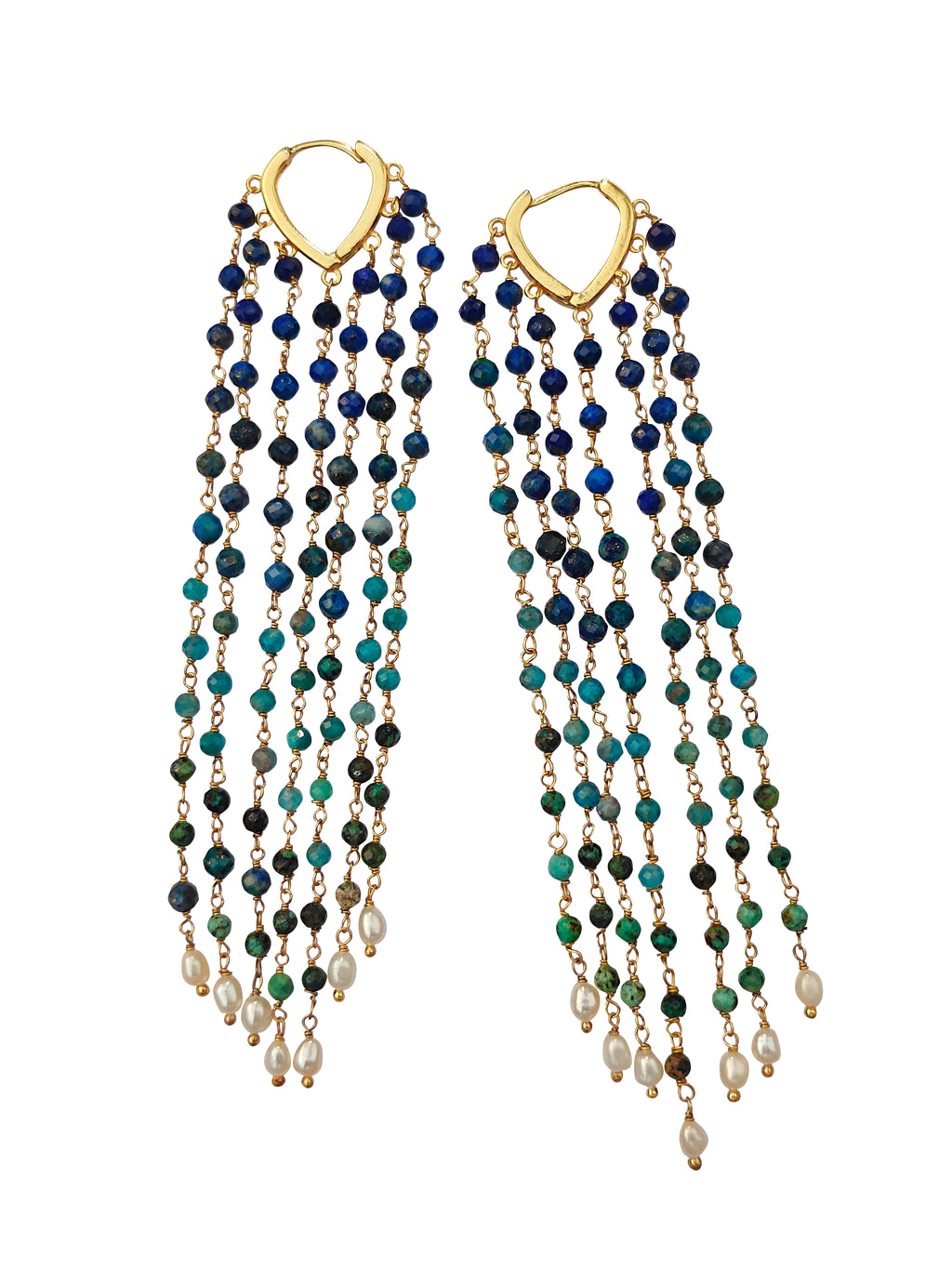 Nīlāmbari | Lapis Lazuli, Neon Apatite, Chrysocolla & African Turquoise Ombré Fringe Drop Earrings in 22k Gold Plated
