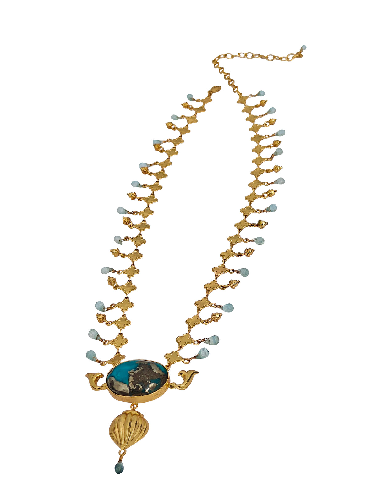 Pushpa Tara Kanthe | Quatrefoil Chain Turquoise & Aquamarine Necklace in 22k Gold Plated