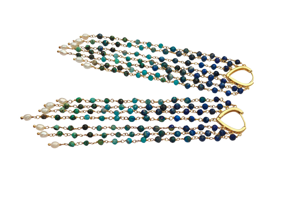 Nīlāmbari | Lapis Lazuli, Neon Apatite, Chrysocolla & African Turquoise Ombré Fringe Drop Earrings in 22k Gold Plated