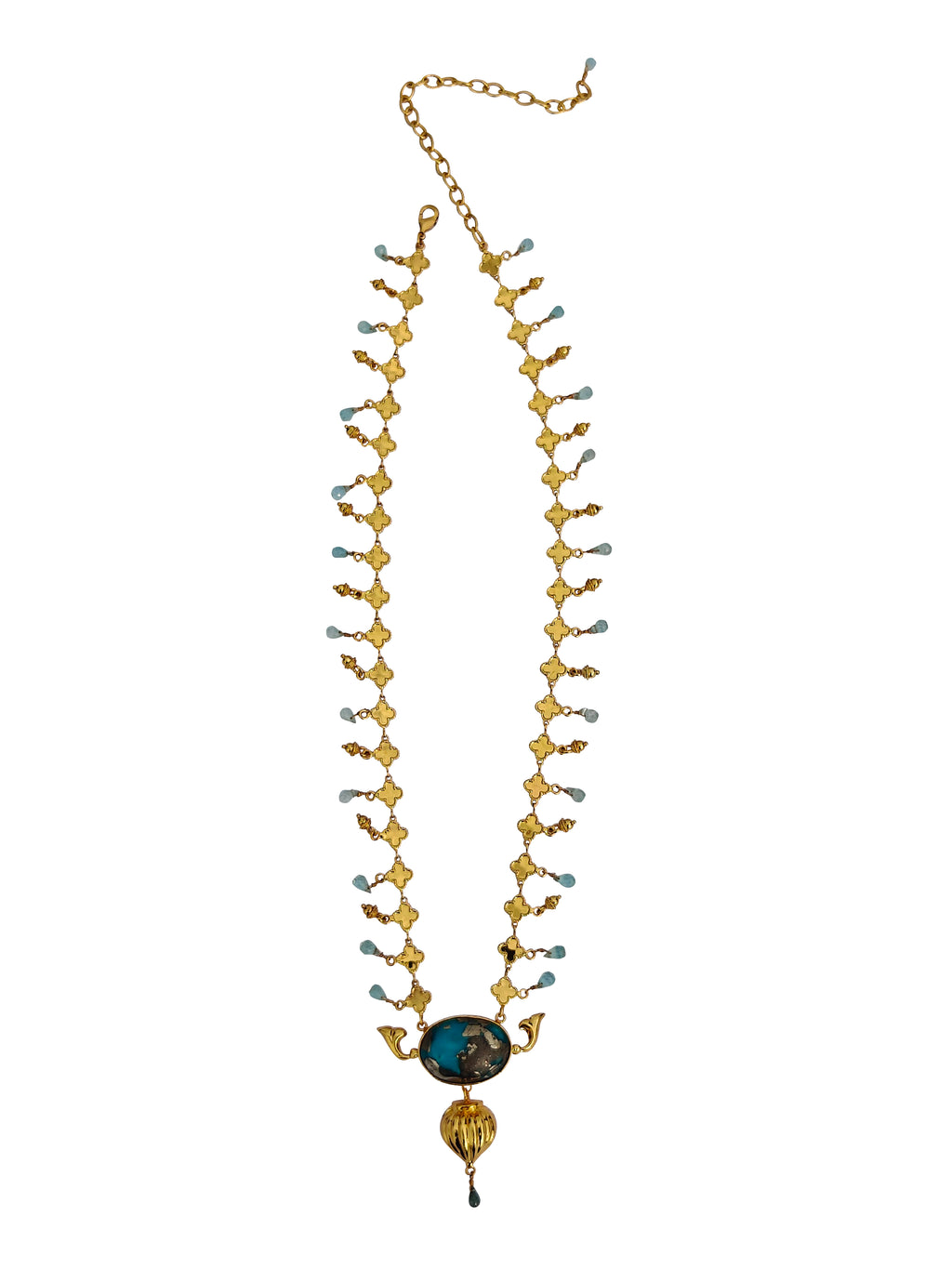 Pushpa Tara Kanthe | Quatrefoil Chain Turquoise & Aquamarine Necklace in 22k Gold Plated