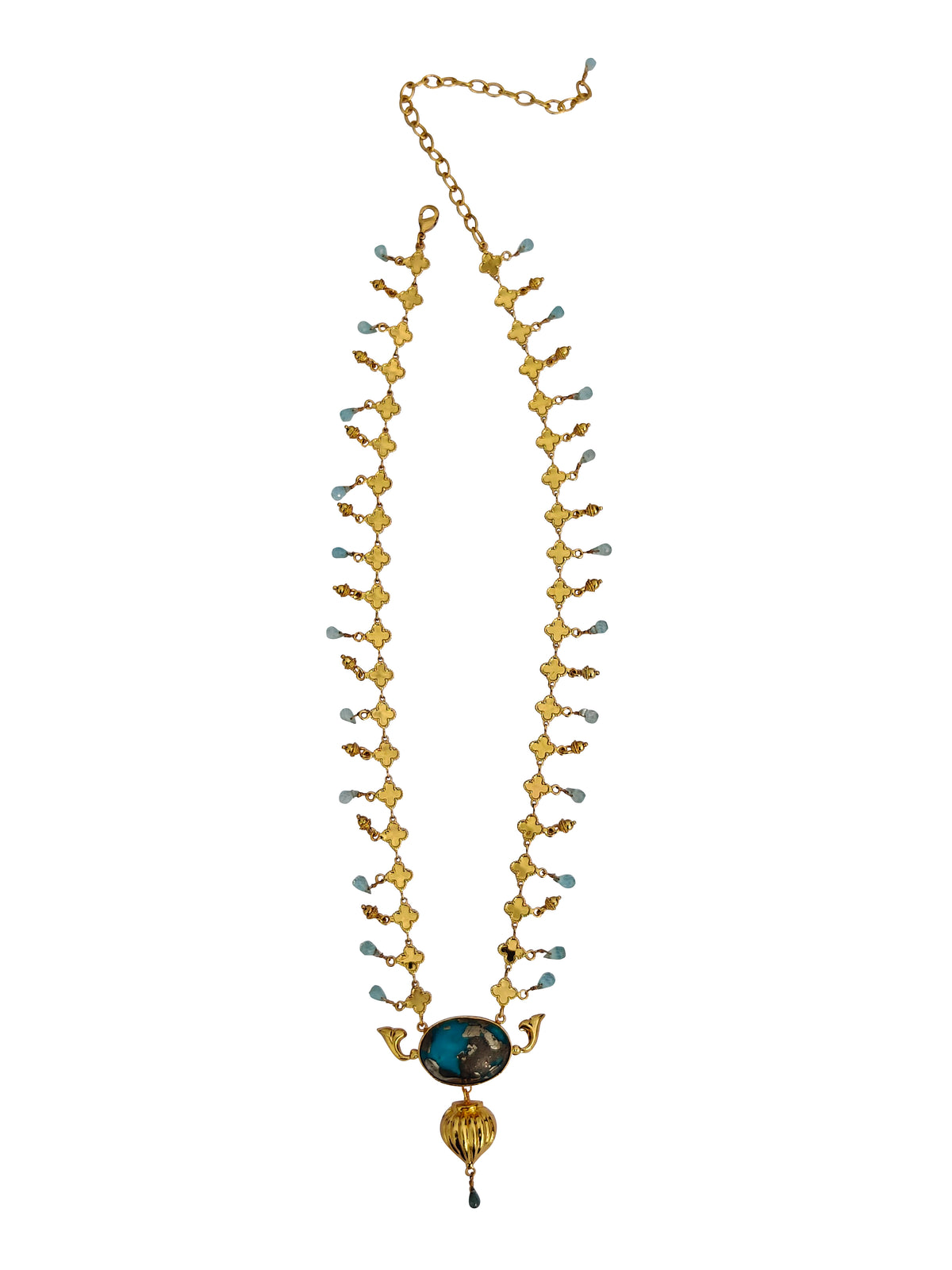 Pushpa Tara Kanthe | Quatrefoil Chain Turquoise & Aquamarine Necklace in 22k Gold Plated