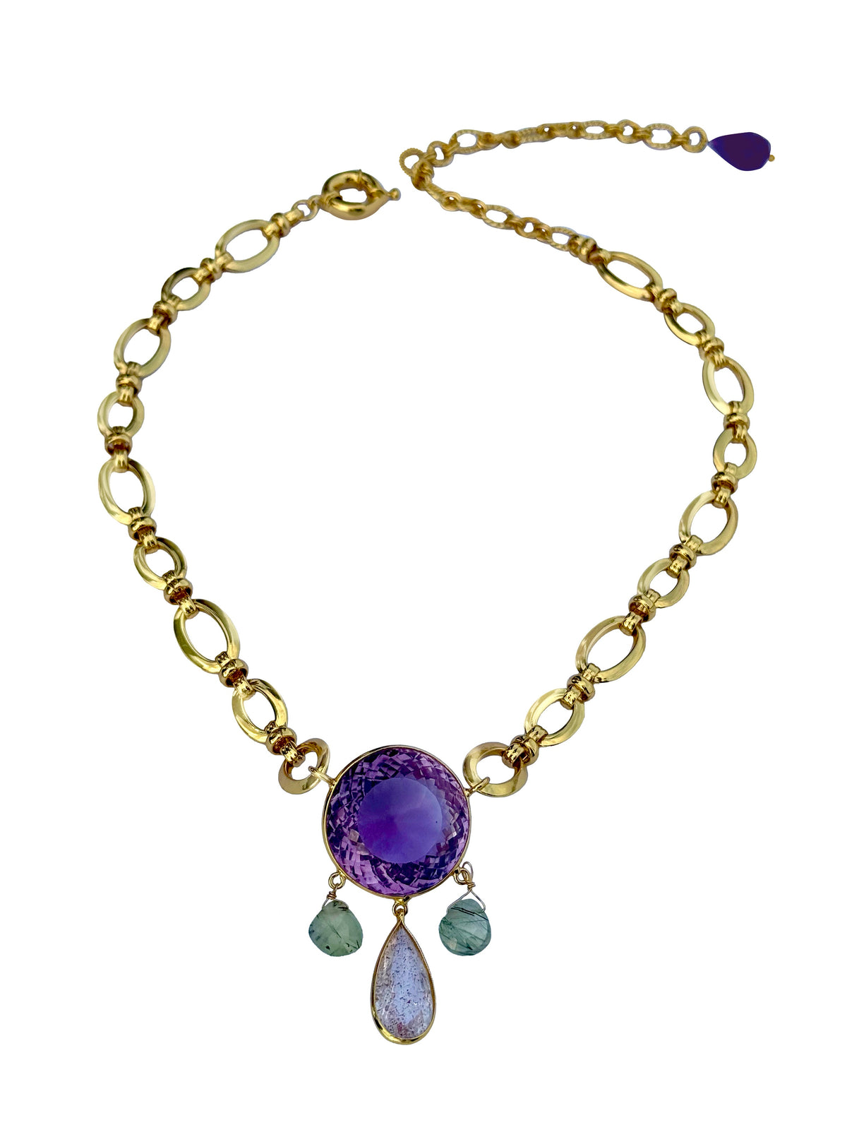 Shāmalatā Haar | Pink Amethyst, Super 7 & Rutile Quartz Oval Link Chain Pendant Necklace in 22k Gold Plated