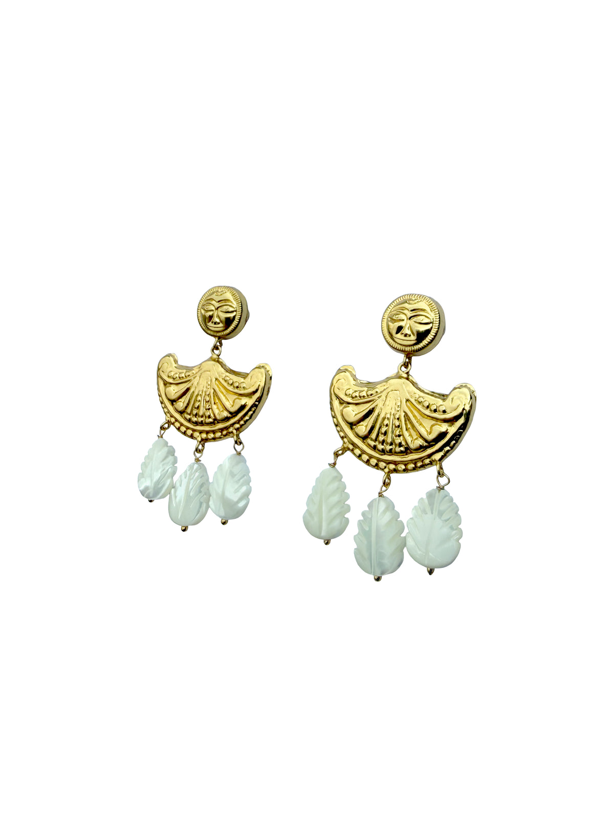 Surya Pankha | Sun Face & Mother of Pearl Carved Leaf Drop Earrings in 22k Gold Plated