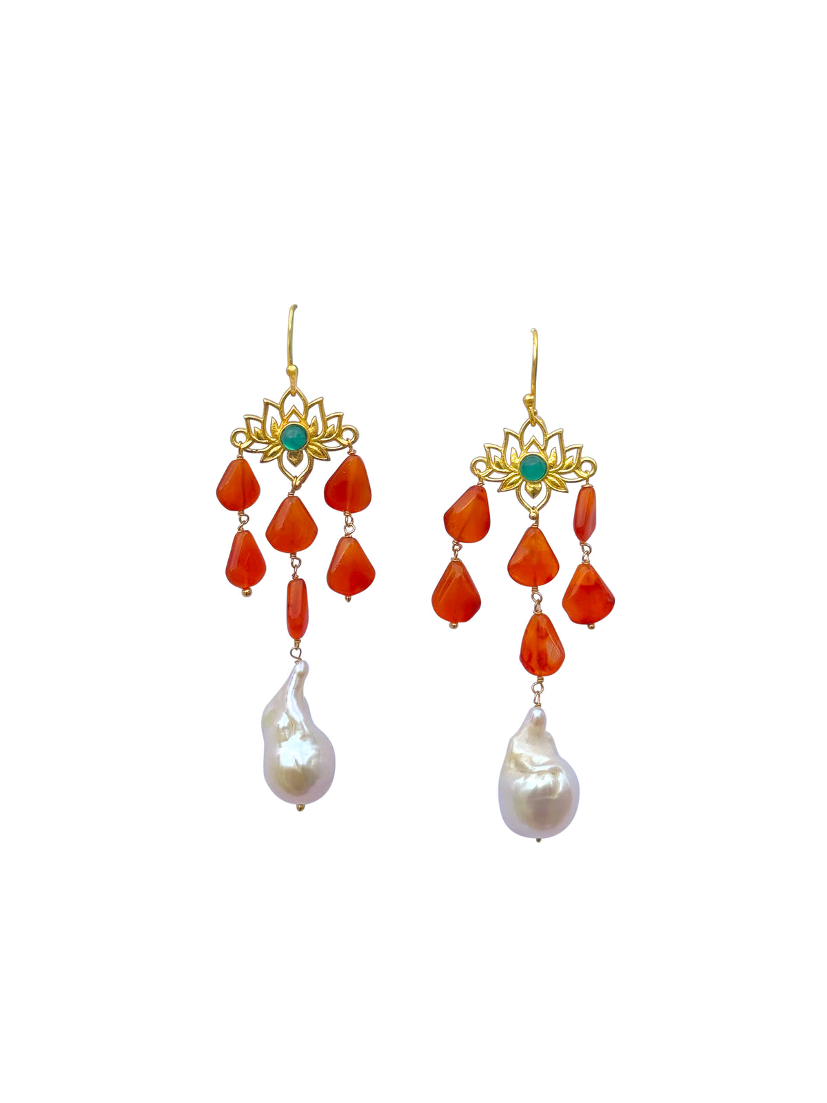 Padmavarṣā | Green Onyx, Carnelian & Baroque Pearl Gold Lotus Chandelier Drop Earrings in 22k Gold Plated