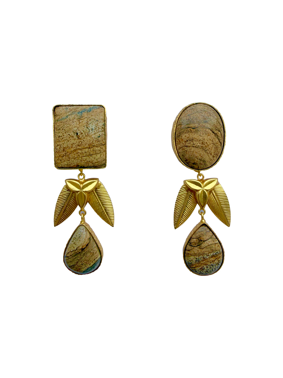 Vanāśilā | Peanut Wood Jasper & Gold Leaf Drop Earrings in 22k Gold Plated
