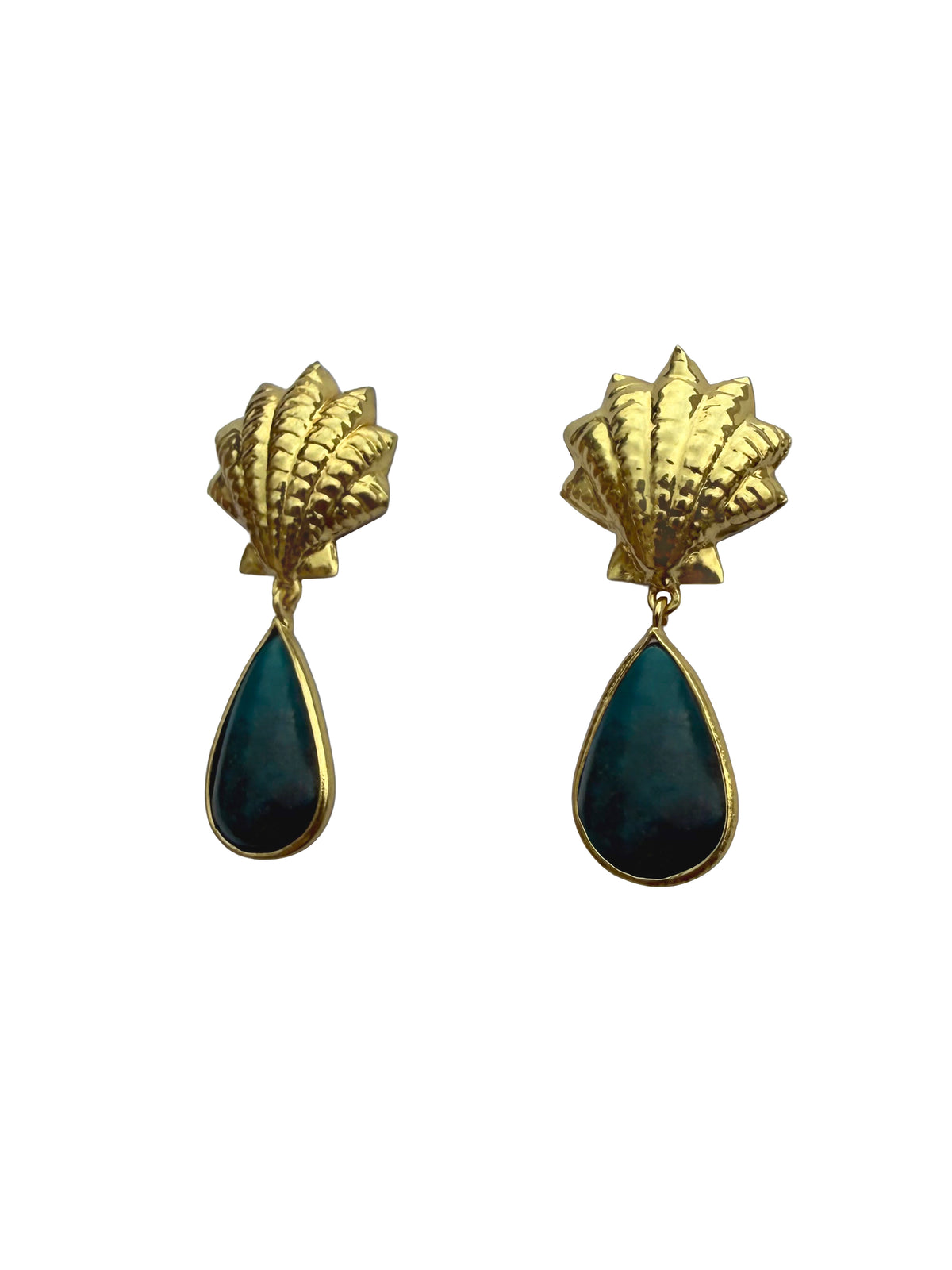 Vaidūryaśaṅkha | Turquoise & Gold Scallop Shell Drop Earrings in 22k Gold Plated