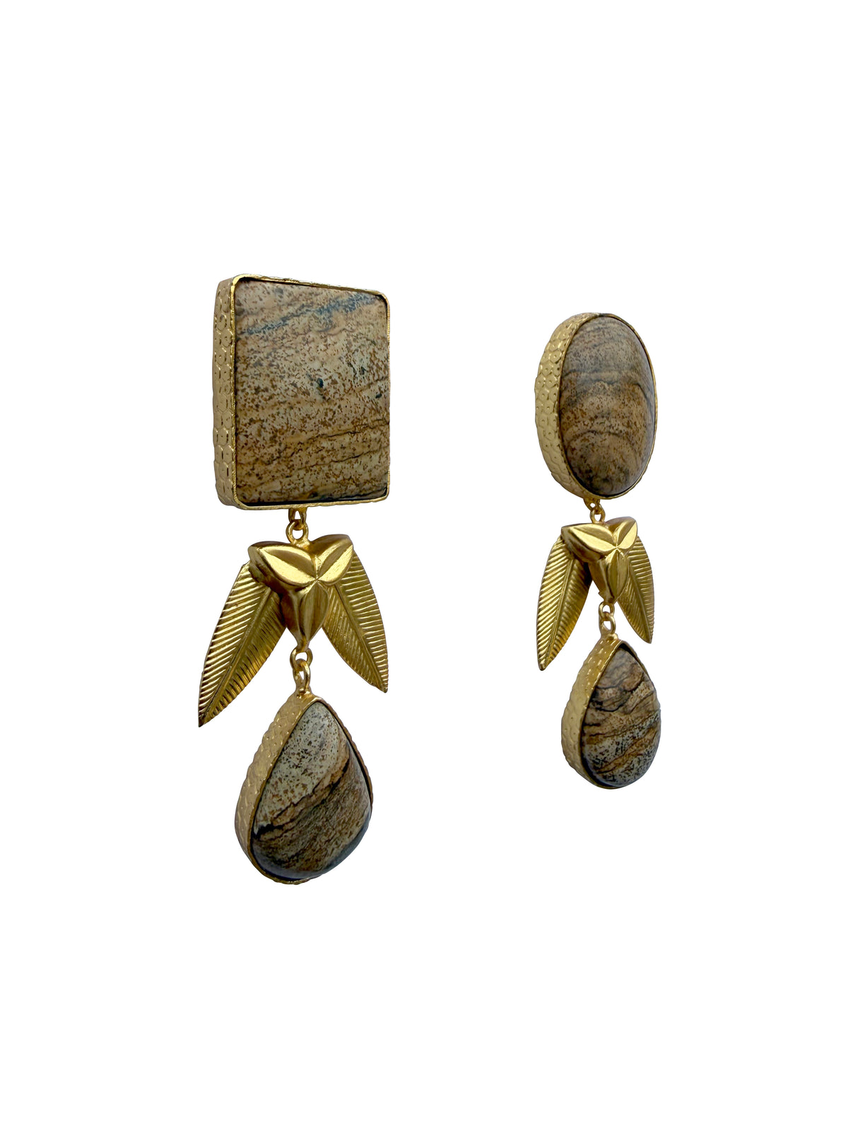 Vanāśilā | Peanut Wood Jasper & Gold Leaf Drop Earrings in 22k Gold Plated