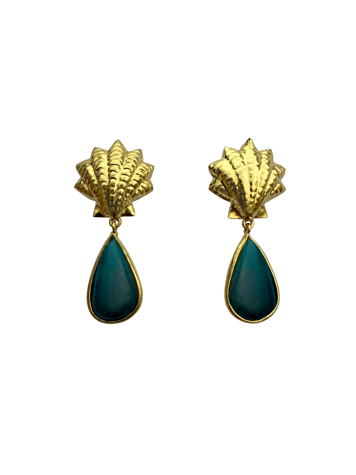 Vaidūryaśaṅkha | Turquoise & Gold Scallop Shell Drop Earrings in 22k Gold Plated