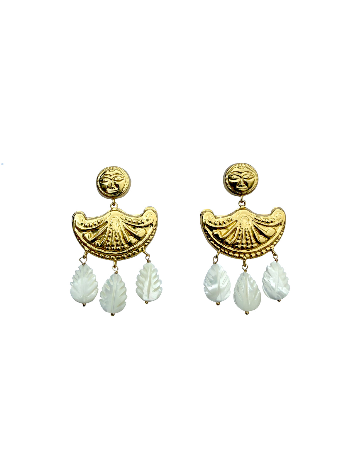Surya Pankha | Sun Face & Mother of Pearl Carved Leaf Drop Earrings in 22k Gold Plated
