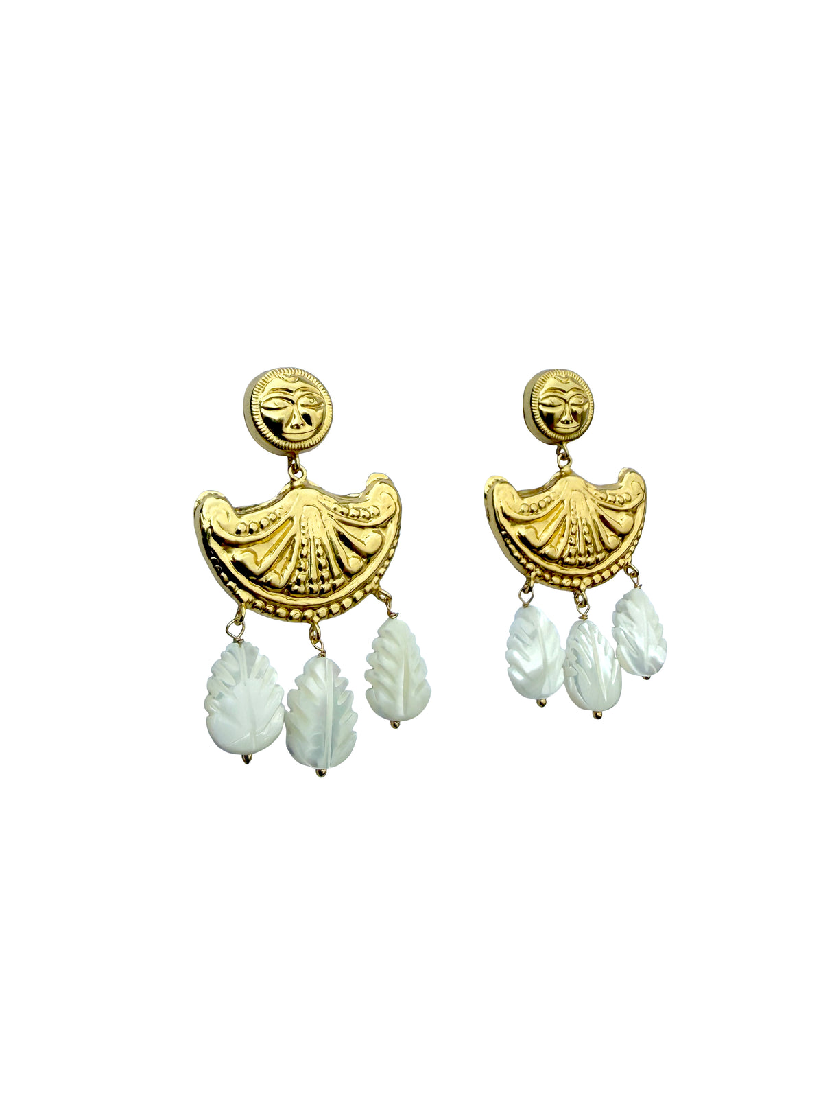 Surya Pankha | Sun Face & Mother of Pearl Carved Leaf Drop Earrings in 22k Gold Plated