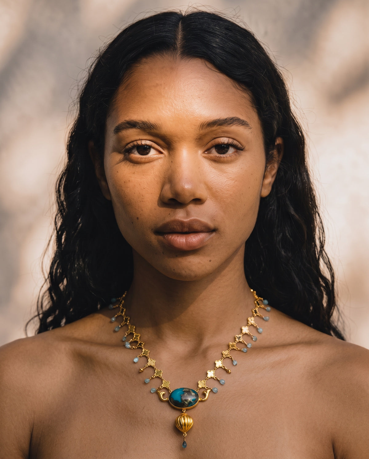Pushpa Tara Kanthe | Quatrefoil Chain Turquoise & Aquamarine Necklace in 22k Gold Plated