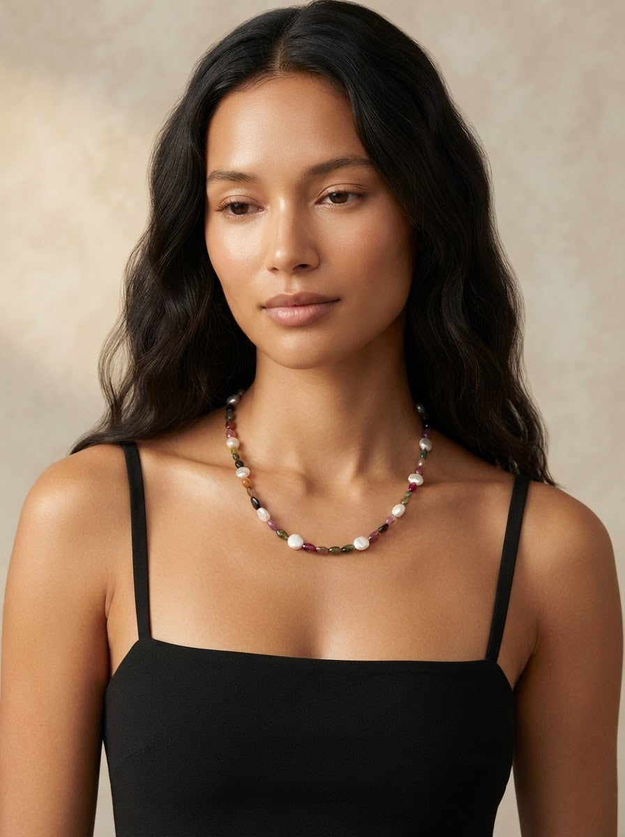 Mauktika-Ratnavali | Hand-Strung Pearl & Tourmaline Mala Necklace in 925 Silver Plated