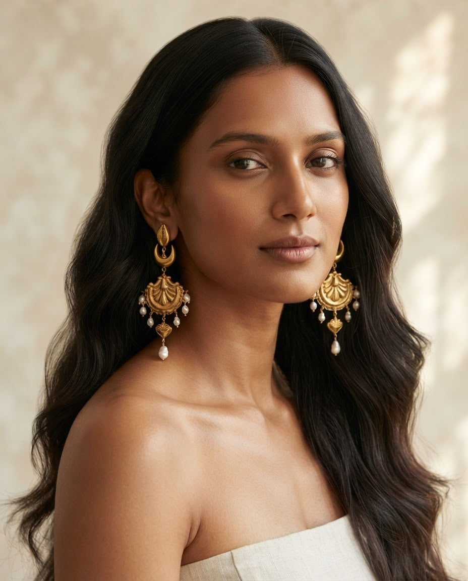 Candraśuktī | Freshwater Pearl & Gold Fan Chandelier Earrings in 22k Gold Plated