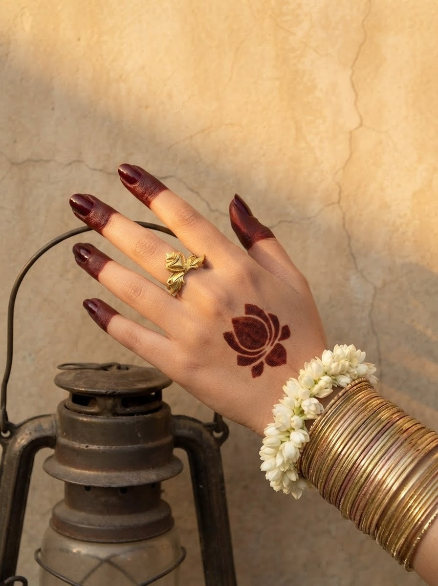 Hridayapalasha | Sacred Heart & Gold Leaf Wing Cocktail Ring in 22k Gold Plated
