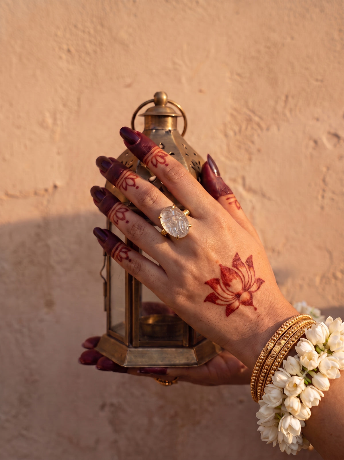 Chandrakānta | White Rainbow Moonstone Carved Oval Cocktail Ring in 22k Gold Plated