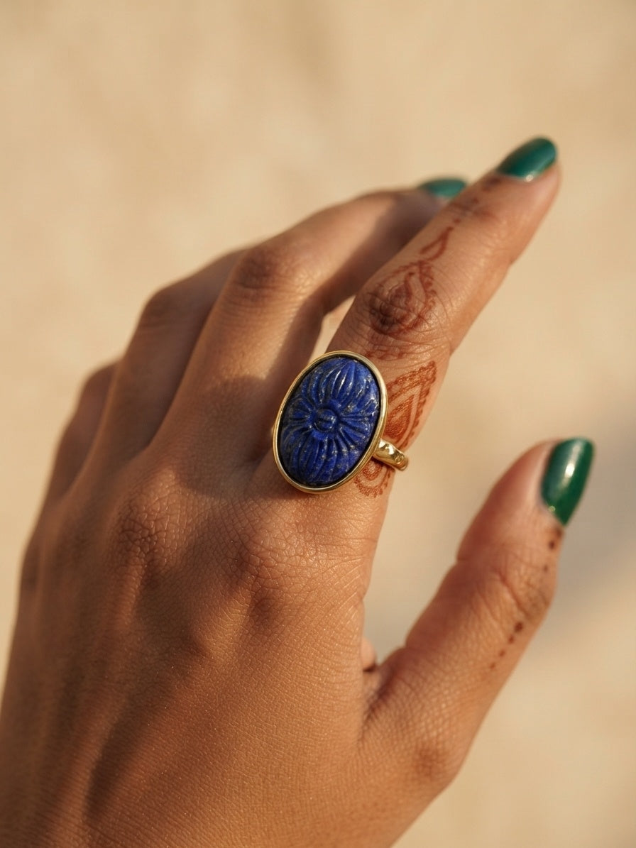 Nīlapadma | Lapis Lazuli Carved Floral Oval Cocktail Ring in 22k Gold Plated