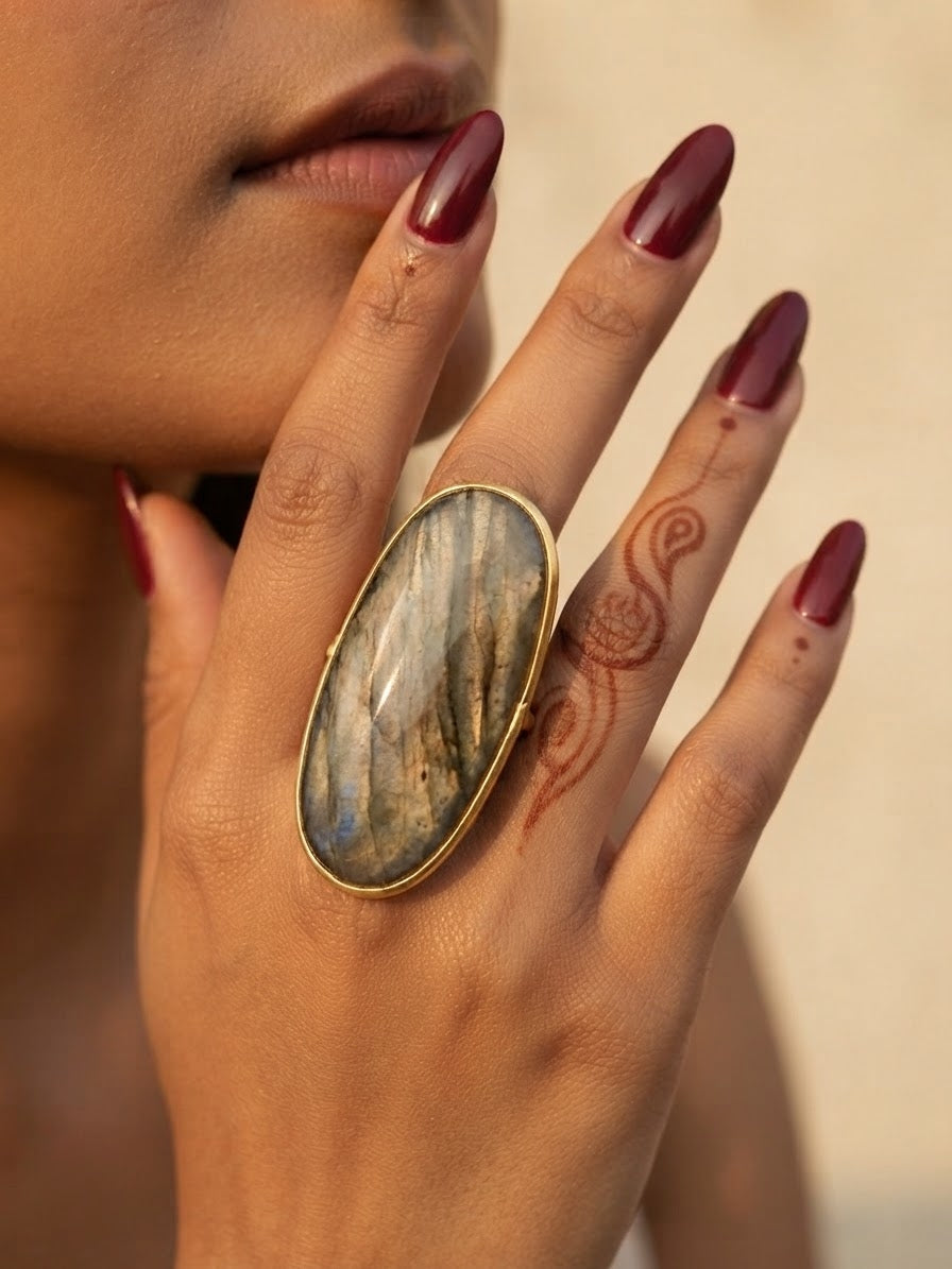 Nabhaśilā | Labradorite Oval Cabochon Statement Ring in 22k Gold Plated