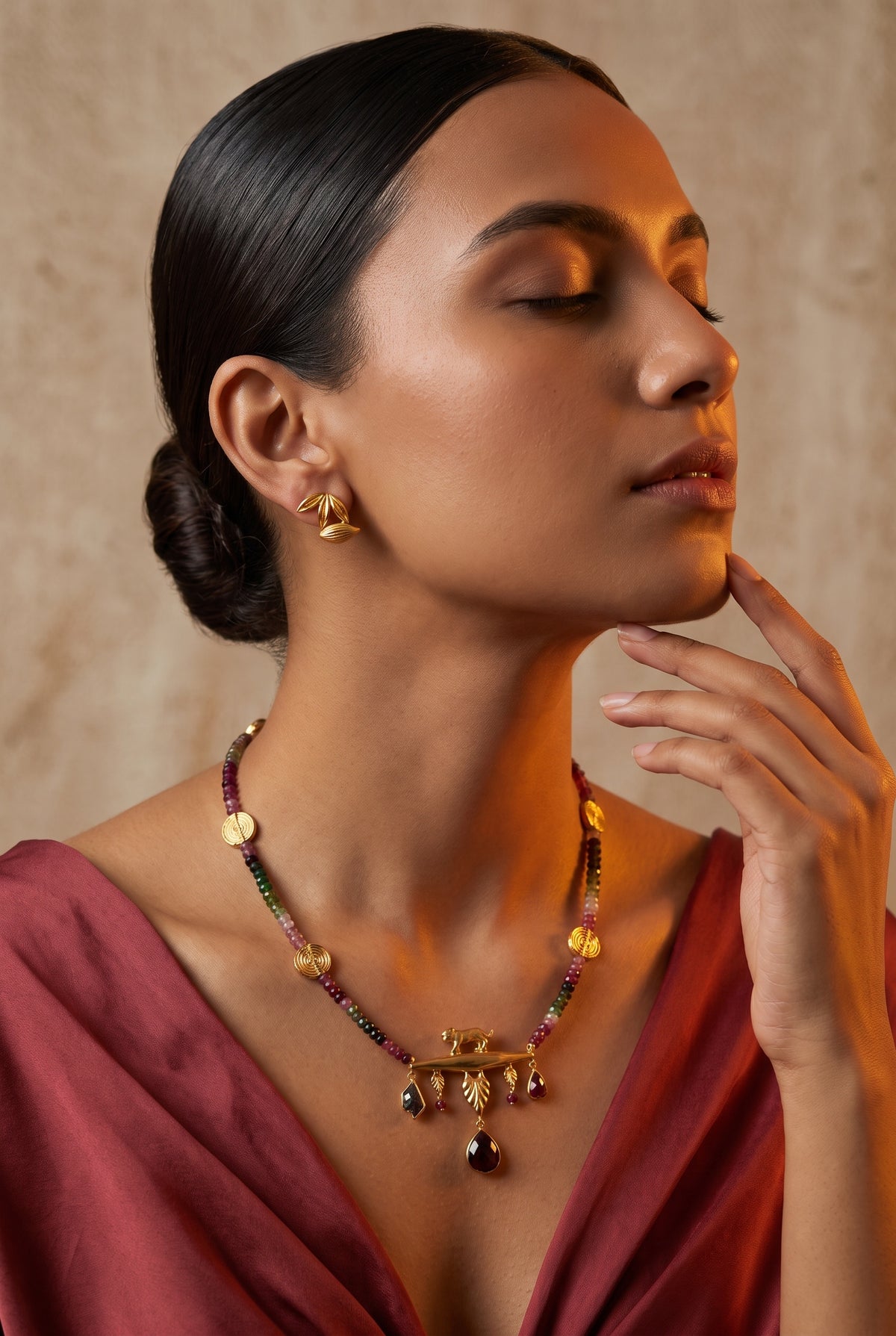 Vyāghramālā | Multi-Tourmaline, Smoky Quartz & Gold Tiger Pendant Necklace in 22k Gold Plated