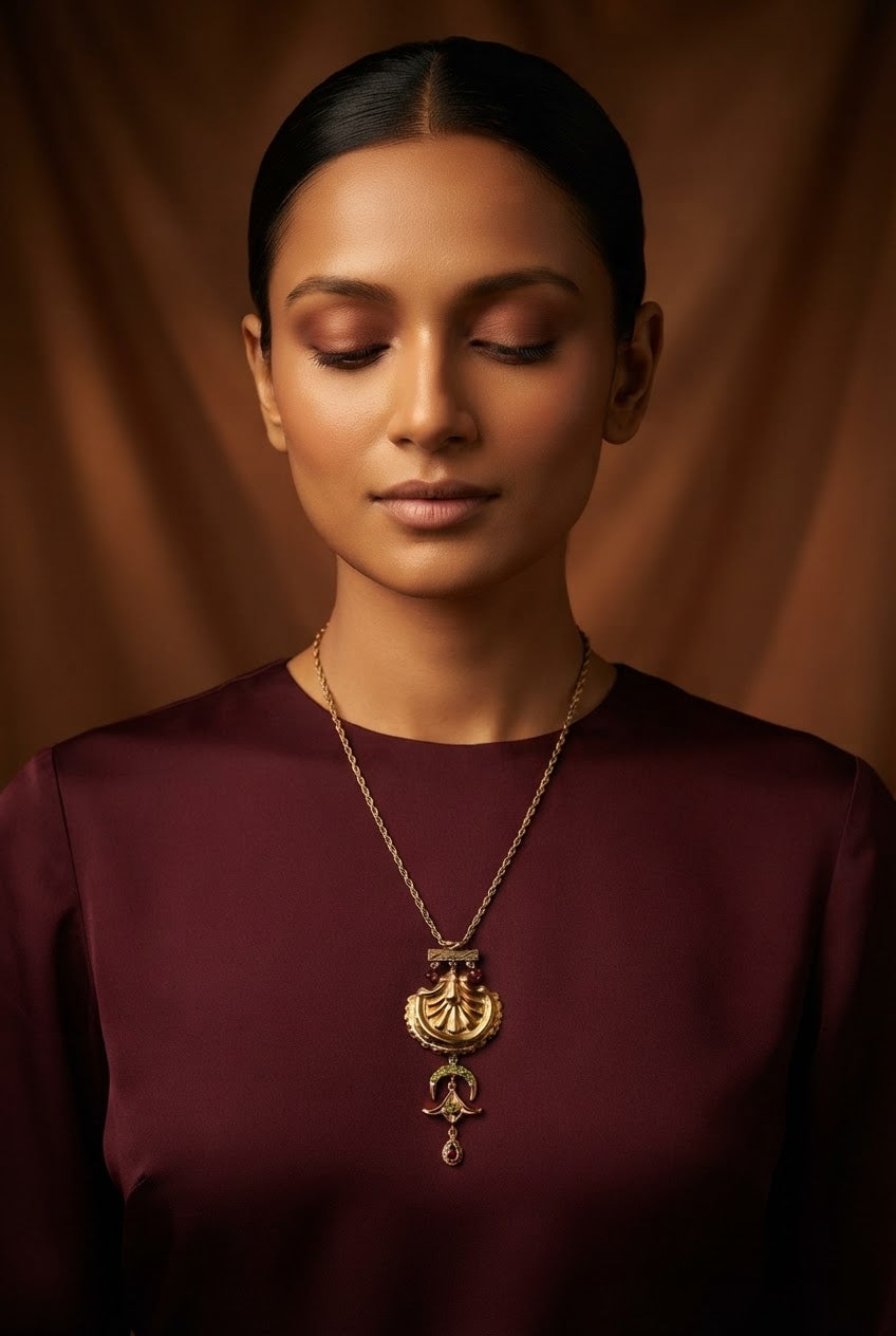 Somāpadmā | Multi-Stone Moon & Lotus Medallion Pendant Necklace in 22k Gold Plated