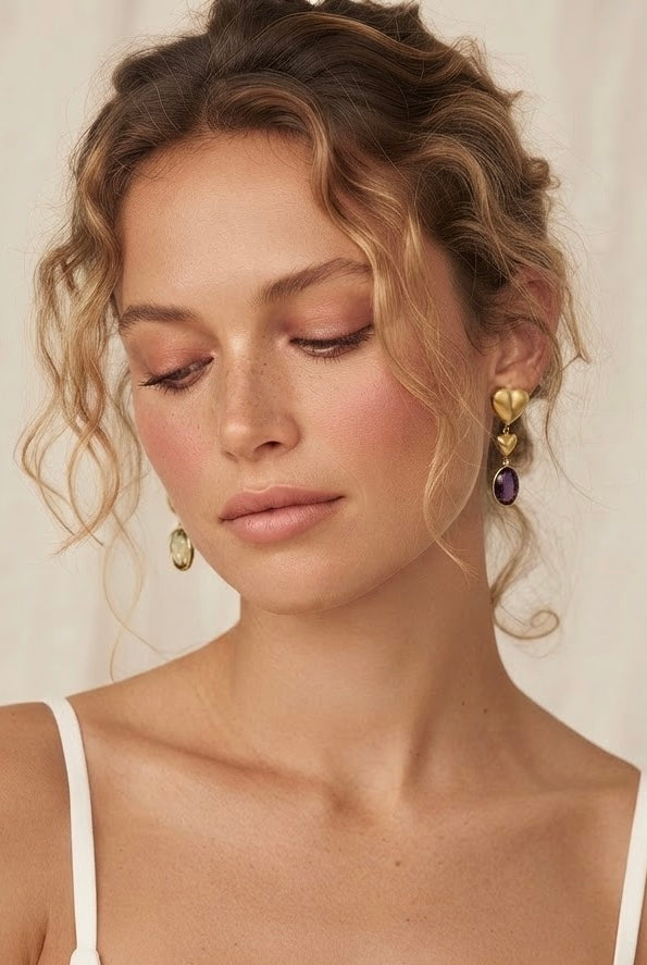 Dvihridaya | Lemon Quartz & Amethyst Mismatched Heart Drop Earrings in 22k Gold Plated