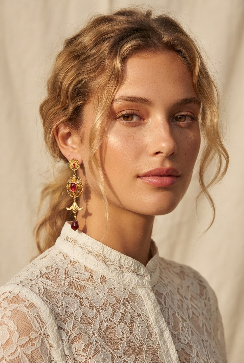 Raktaprabhā | Ruby, Garnet, Peridot & Crystal Quartz Antique Gold Temple Drop Earrings in 22k Gold Plated