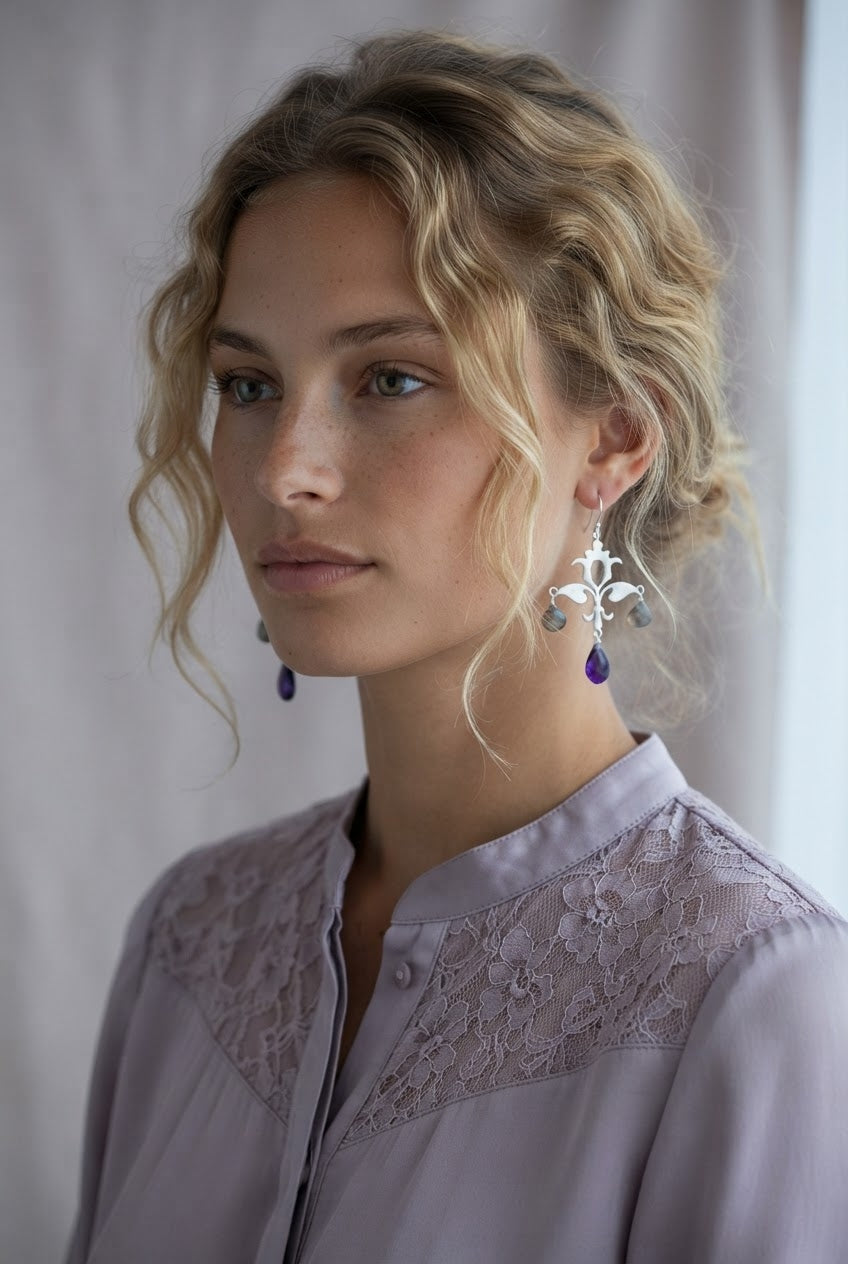 Kalavallī | Grey Moonstone & Amethyst Silver Arabesque Chandelier Drop Earrings in 925 Silver Plated
