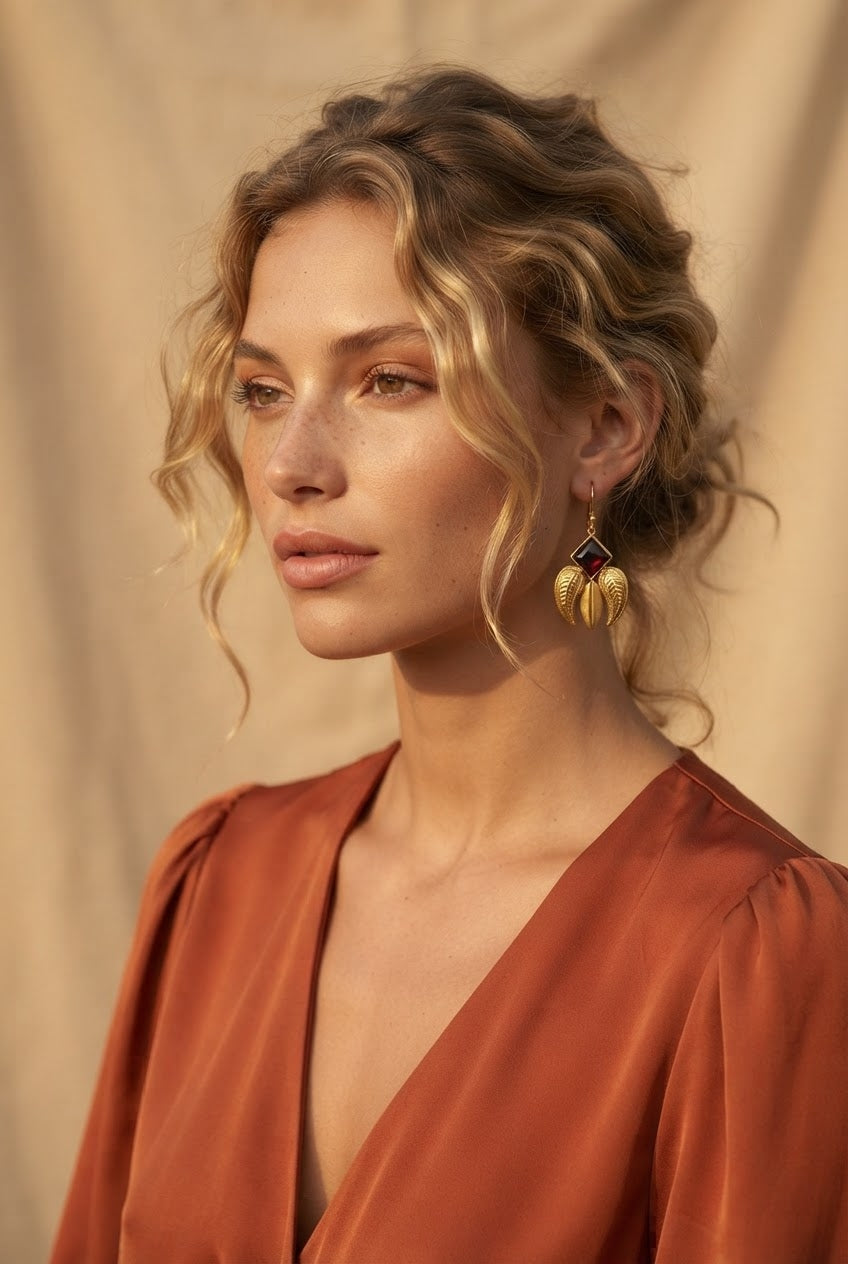 Butaratna | Garnet & Gold Paisley Leaf Drop Earrings in 22k Gold Plated
