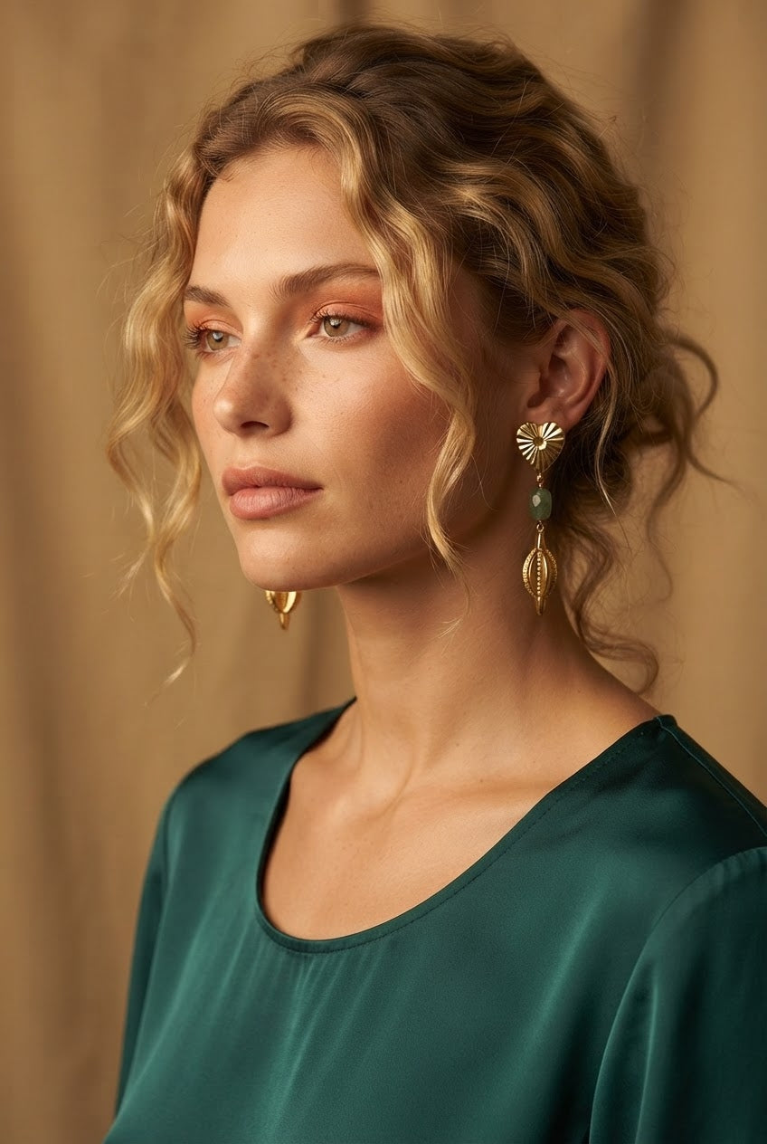 Hṛdmañjarī | Sapphire & Gold Heart Stud Drop Earrings in 22k Gold Plated