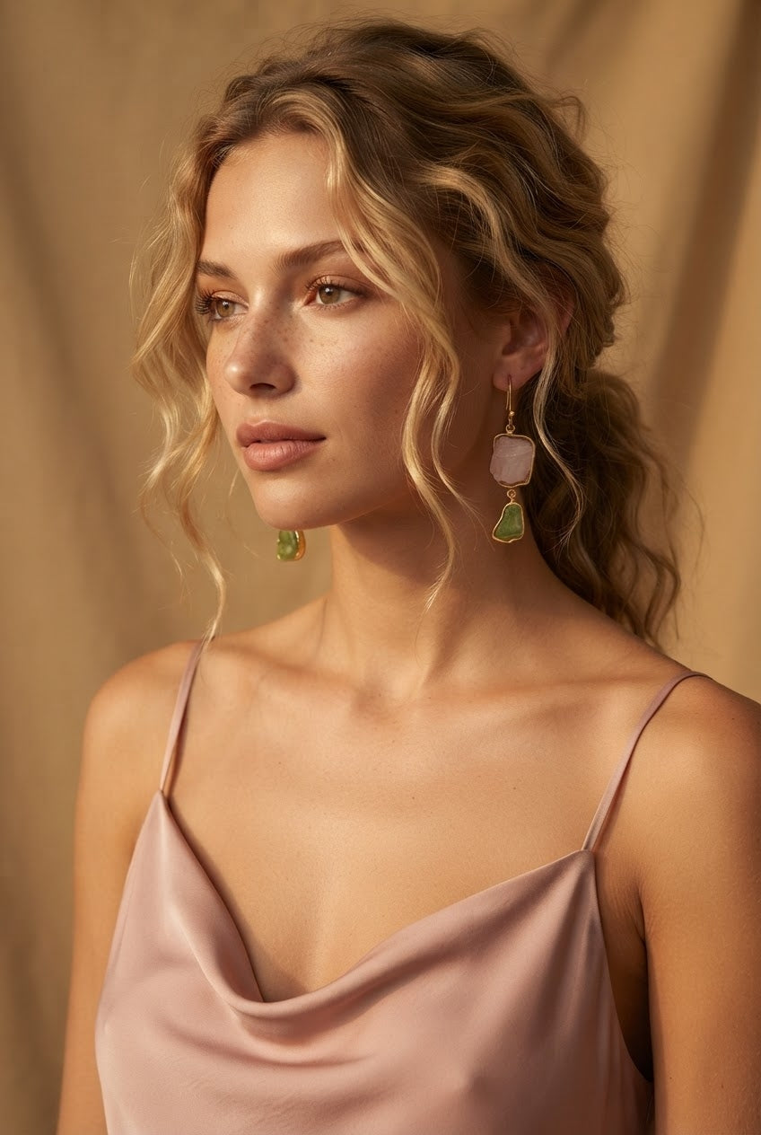 Sparshamaṇī | Raw Rose Quartz & Peridot Double Drop Earrings in 22k Gold Plated