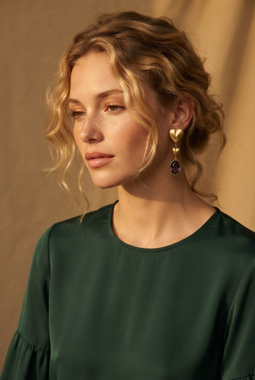Dvihridaya | Lemon Quartz & Amethyst Mismatched Heart Drop Earrings in 22k Gold Plated