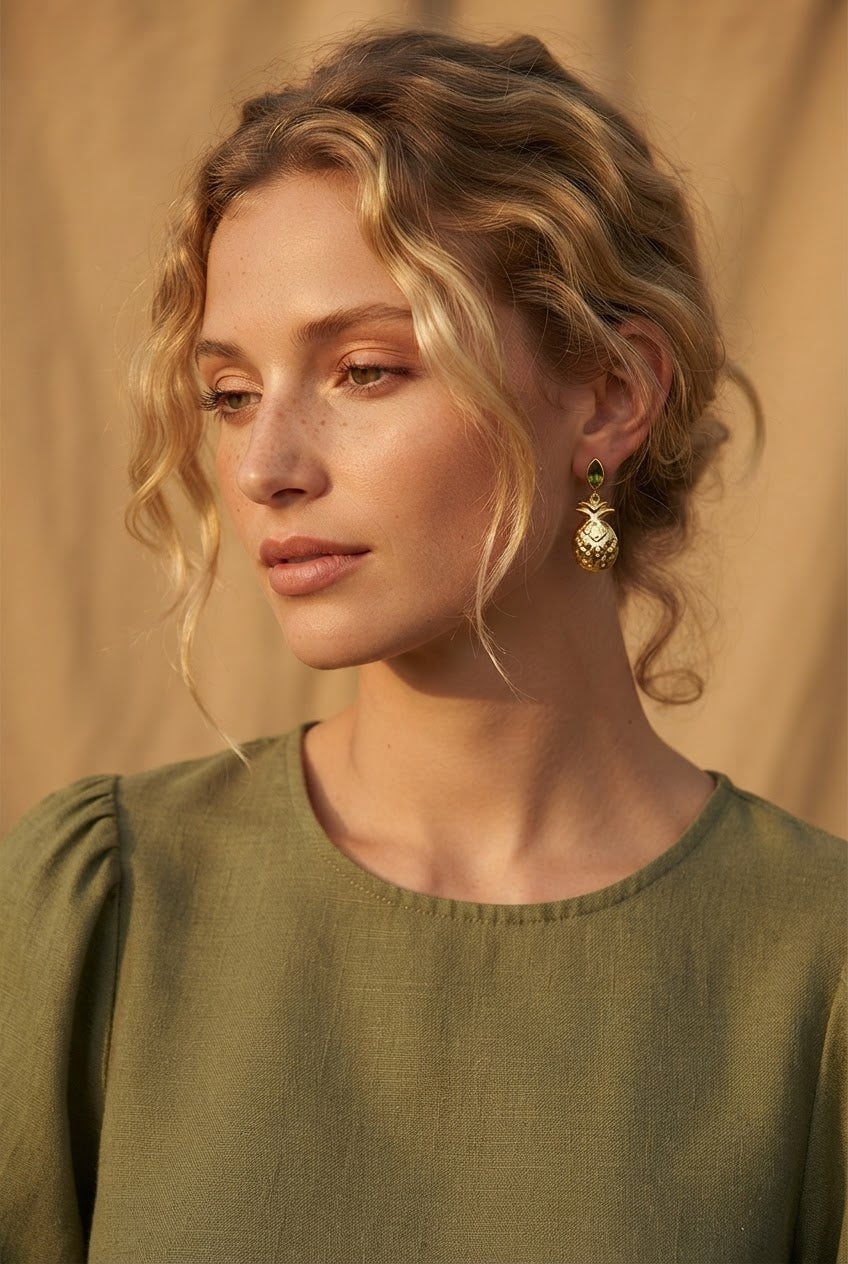Ananaspriya | Peridot & Gold Pineapple Drop Earrings in 22k Gold Plated